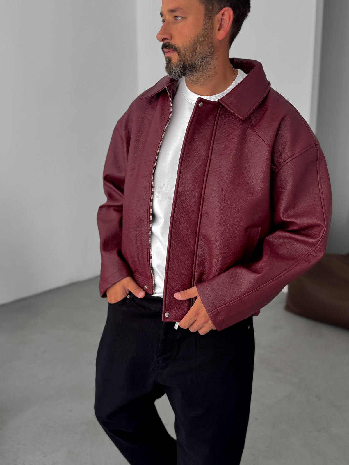 Bordo Retro Oversize Deri Ceket G-5761