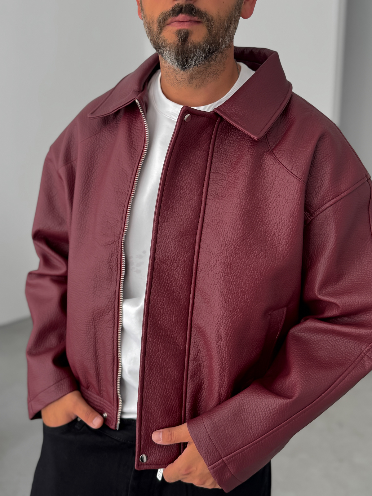 Bordo Retro Oversize Deri Ceket G-5761