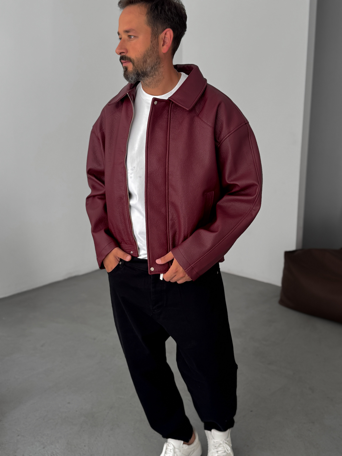 Bordo Retro Oversize Deri Ceket G-5761