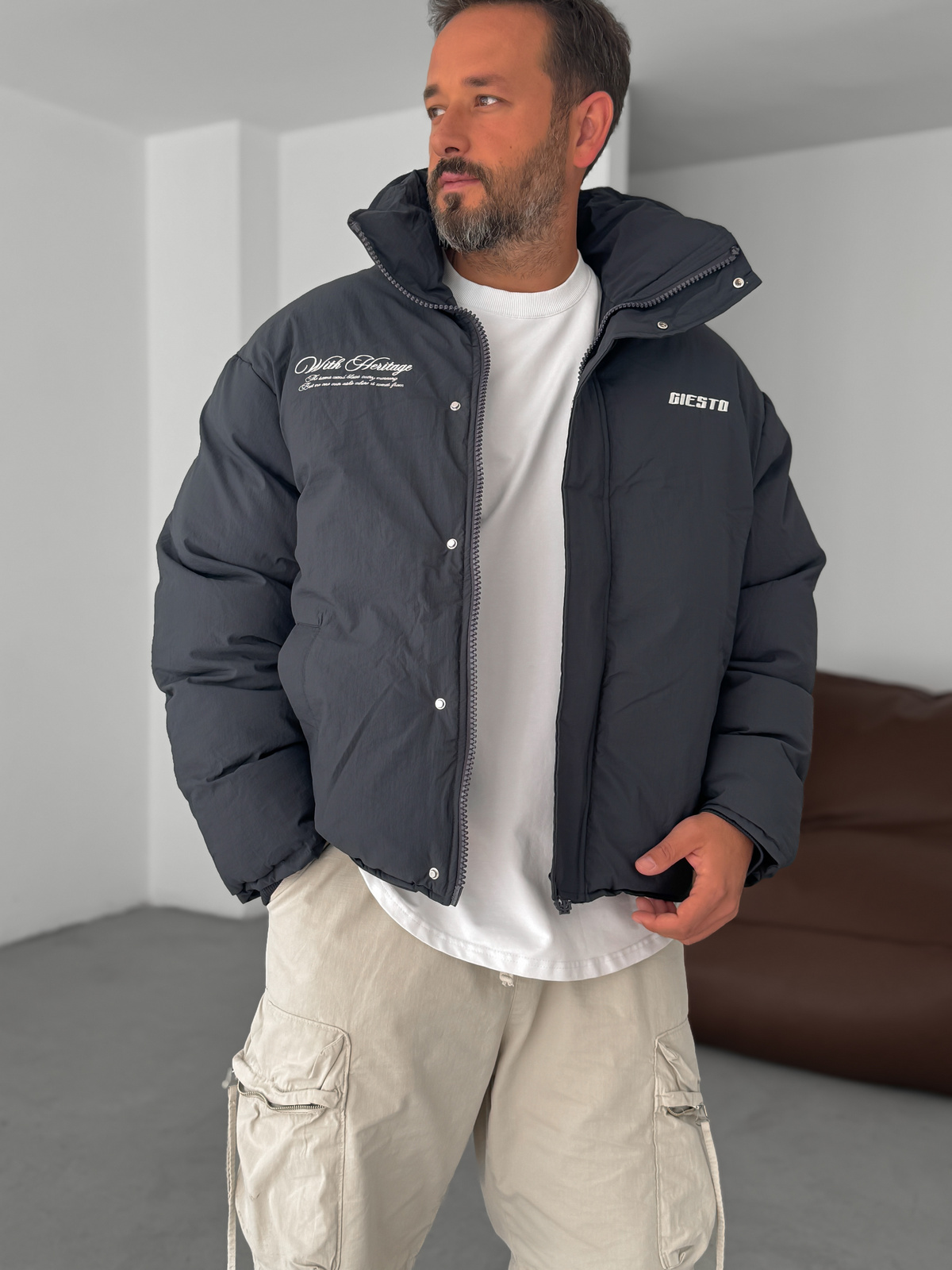 Antrasit Heritage Nakışlı Şişme Mont G-5754