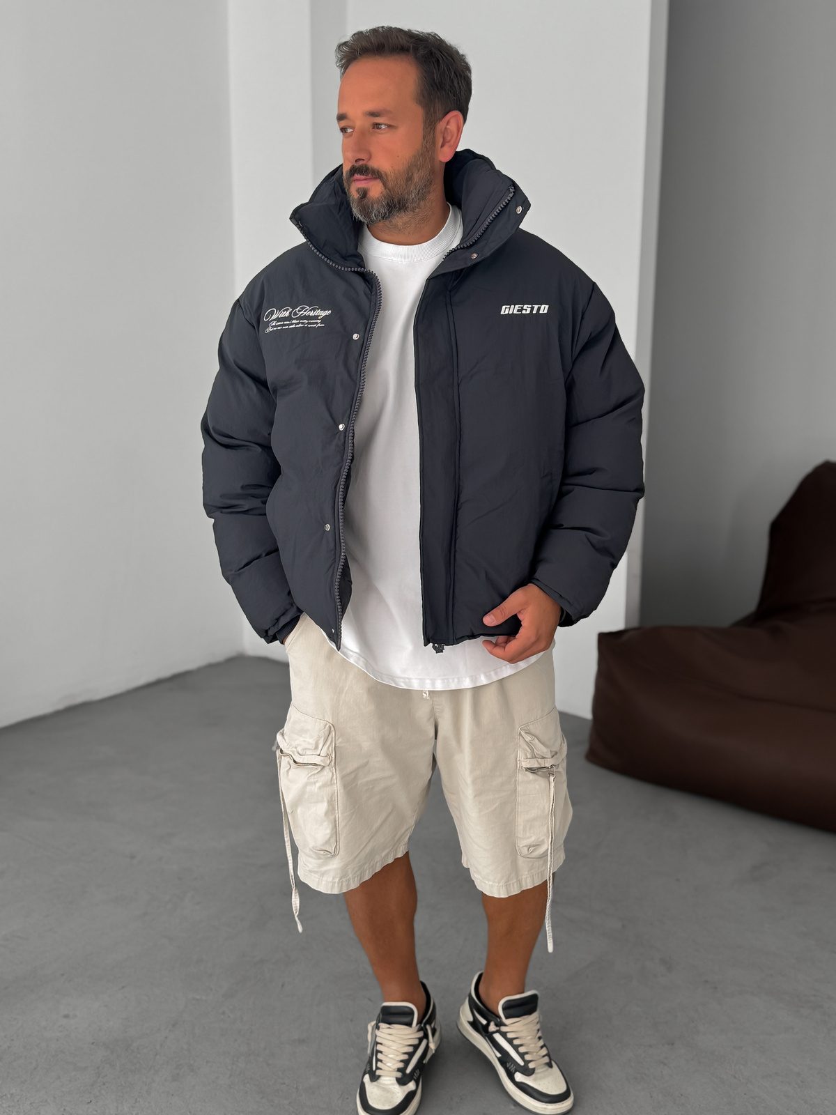 Antrasit Heritage Nakışlı Şişme Mont G-5754