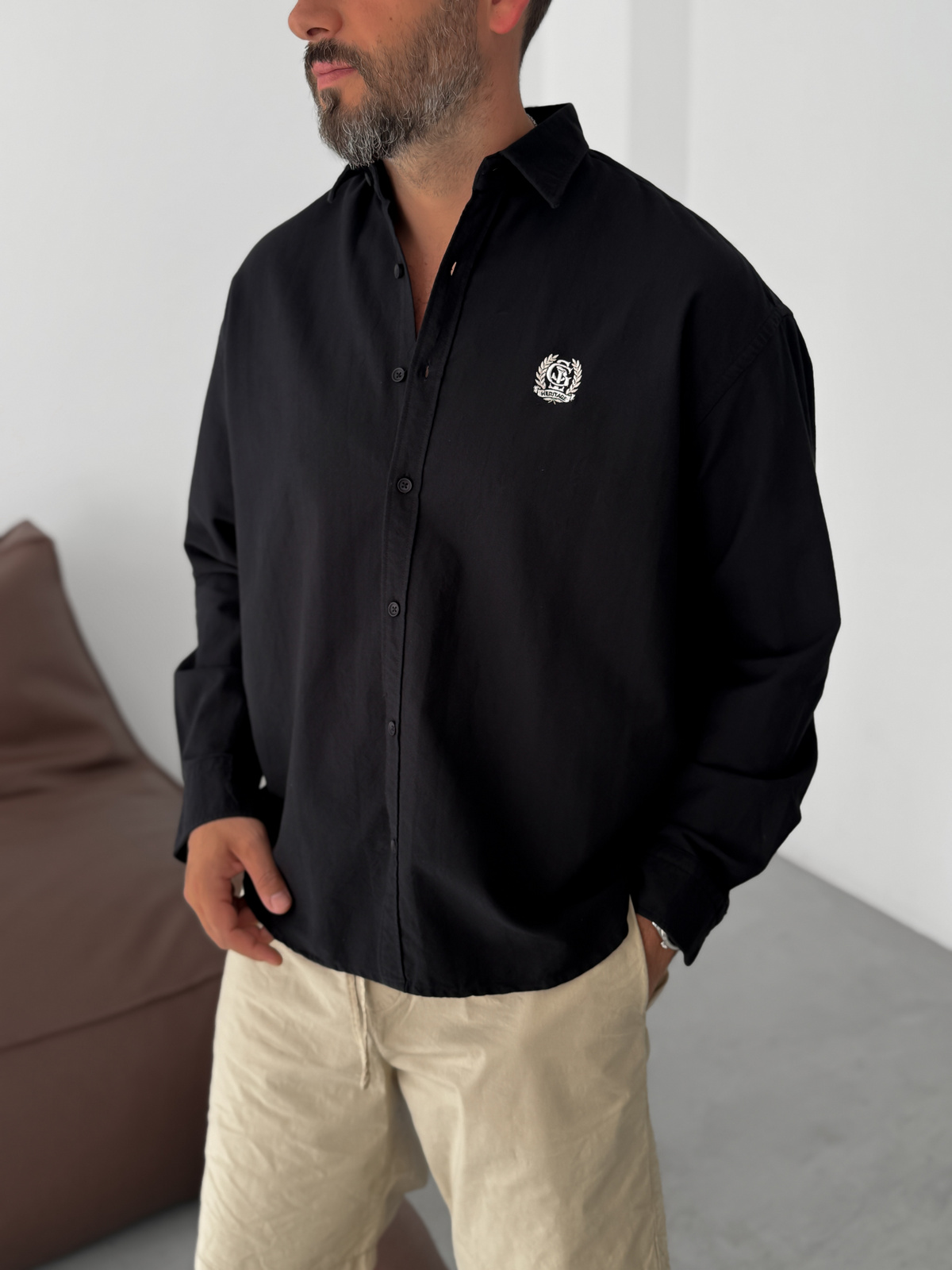 Siyah Heritage Nakışlı Oversize Gömlek G-5725