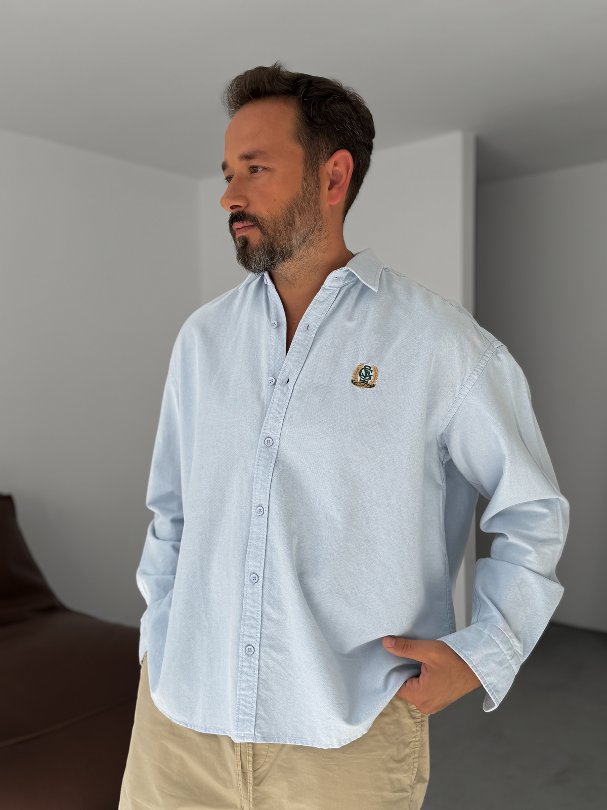 Açık Mavi Heritage Nakışlı Oversize Gömlek G-5725