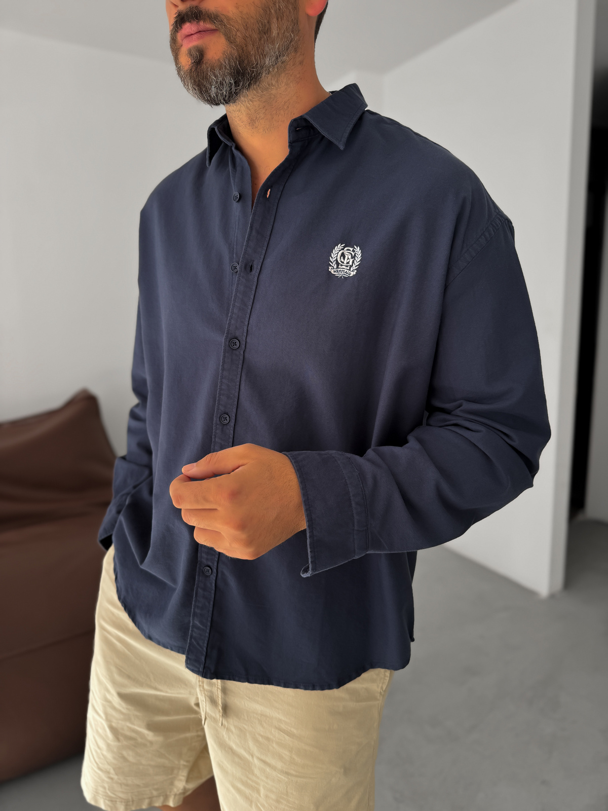 Lacivert Heritage Nakışlı Oversize Gömlek G-5725