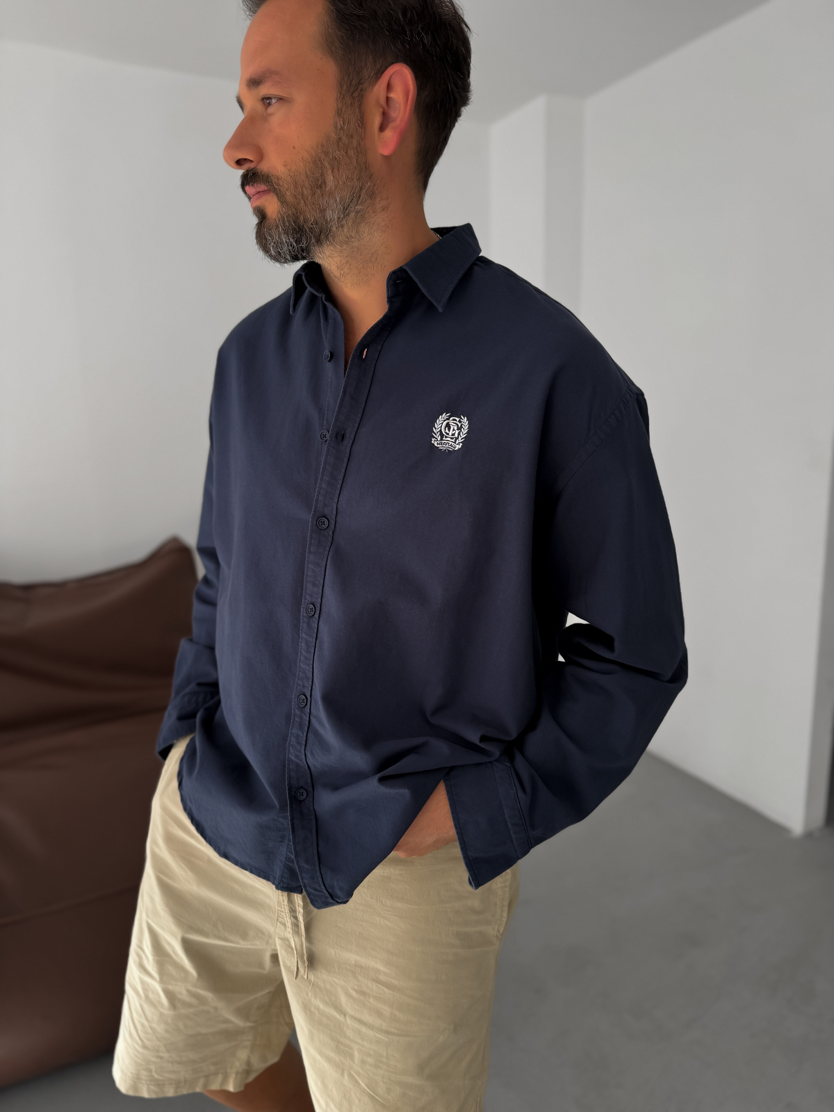 Lacivert Heritage Nakışlı Oversize Gömlek G-5725