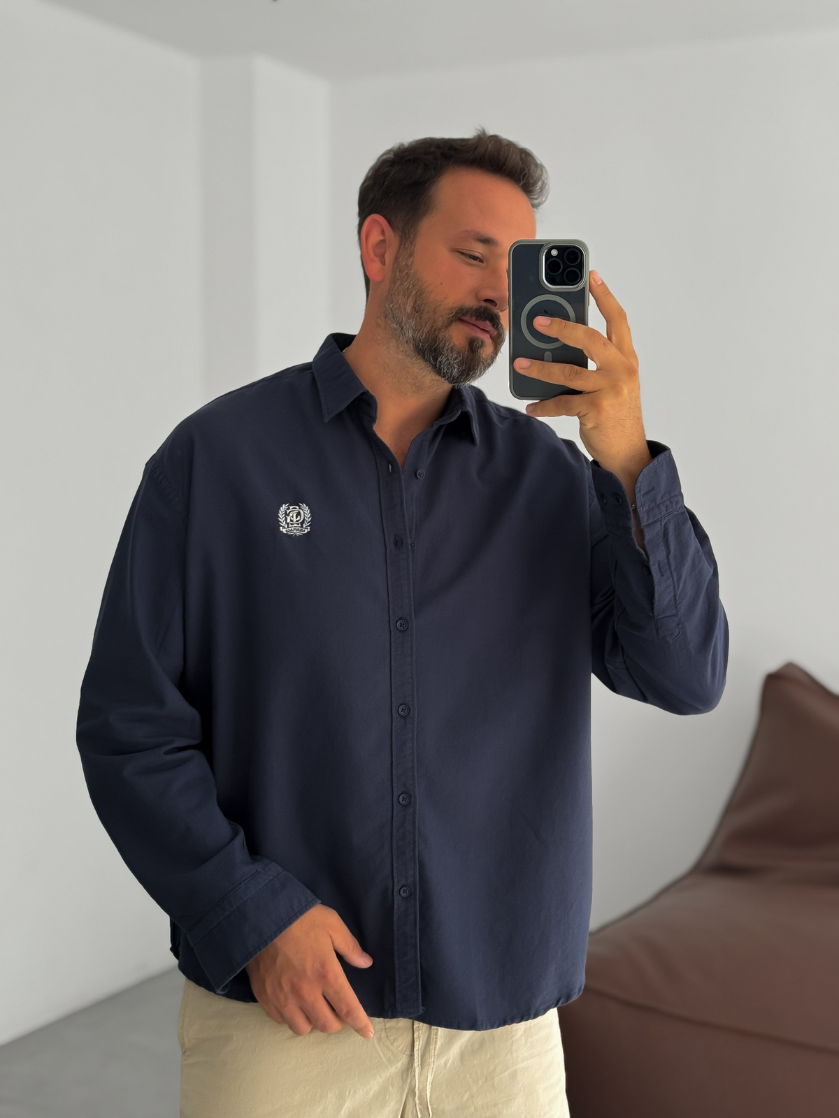 Lacivert Heritage Nakışlı Oversize Gömlek G-5725