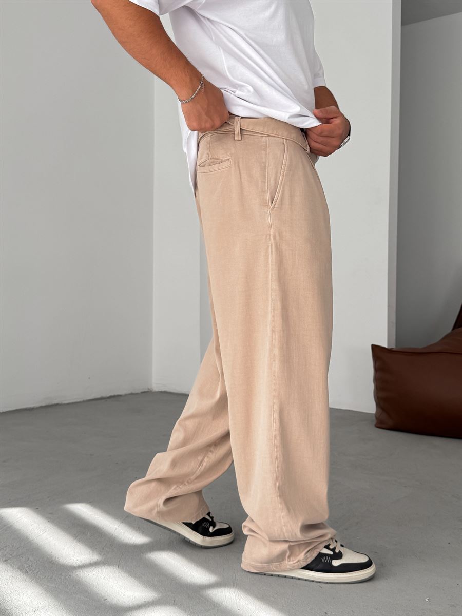 Bej Kemerli Likralı Baggy Pantolon YP-5009