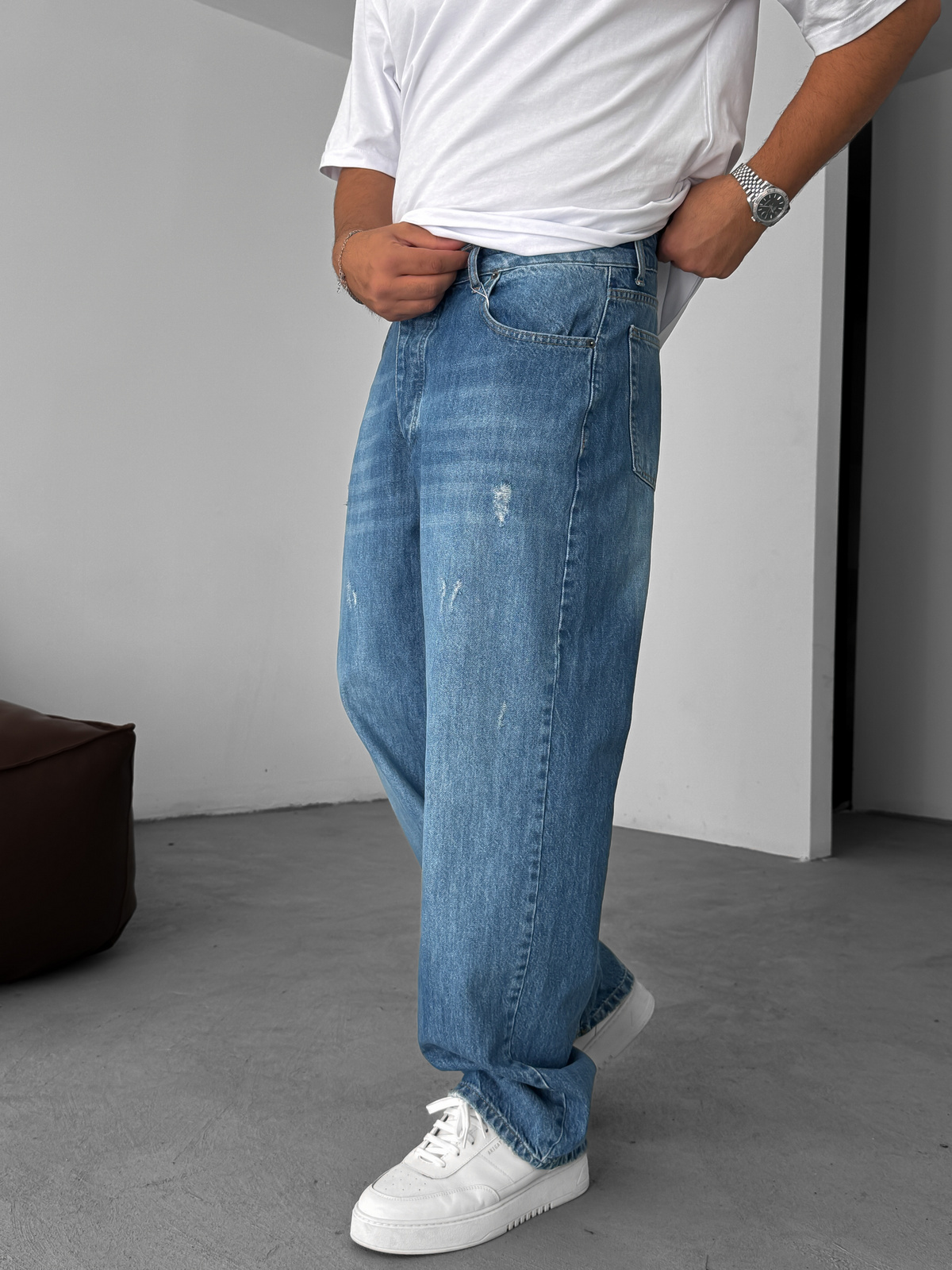 Koyu Mavi Yırtık Detaylı Baggy Jean YP-5025