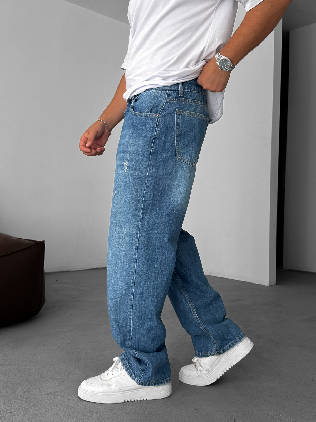 Koyu Mavi Yırtık Detaylı Baggy Jean YP-5025