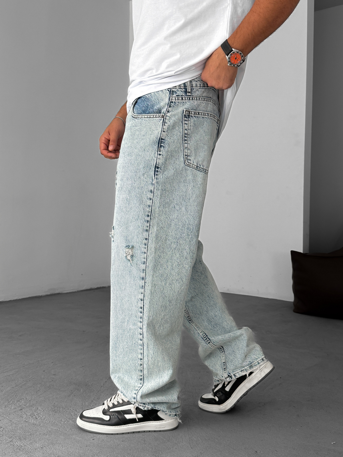 Buz Mavisi Yırtık Detaylı Baggy Jean YP-5025