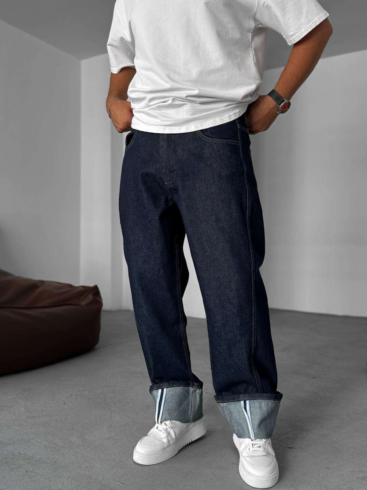 Lacivert Paça Kat Detaylı Baggy Jean YP-5013