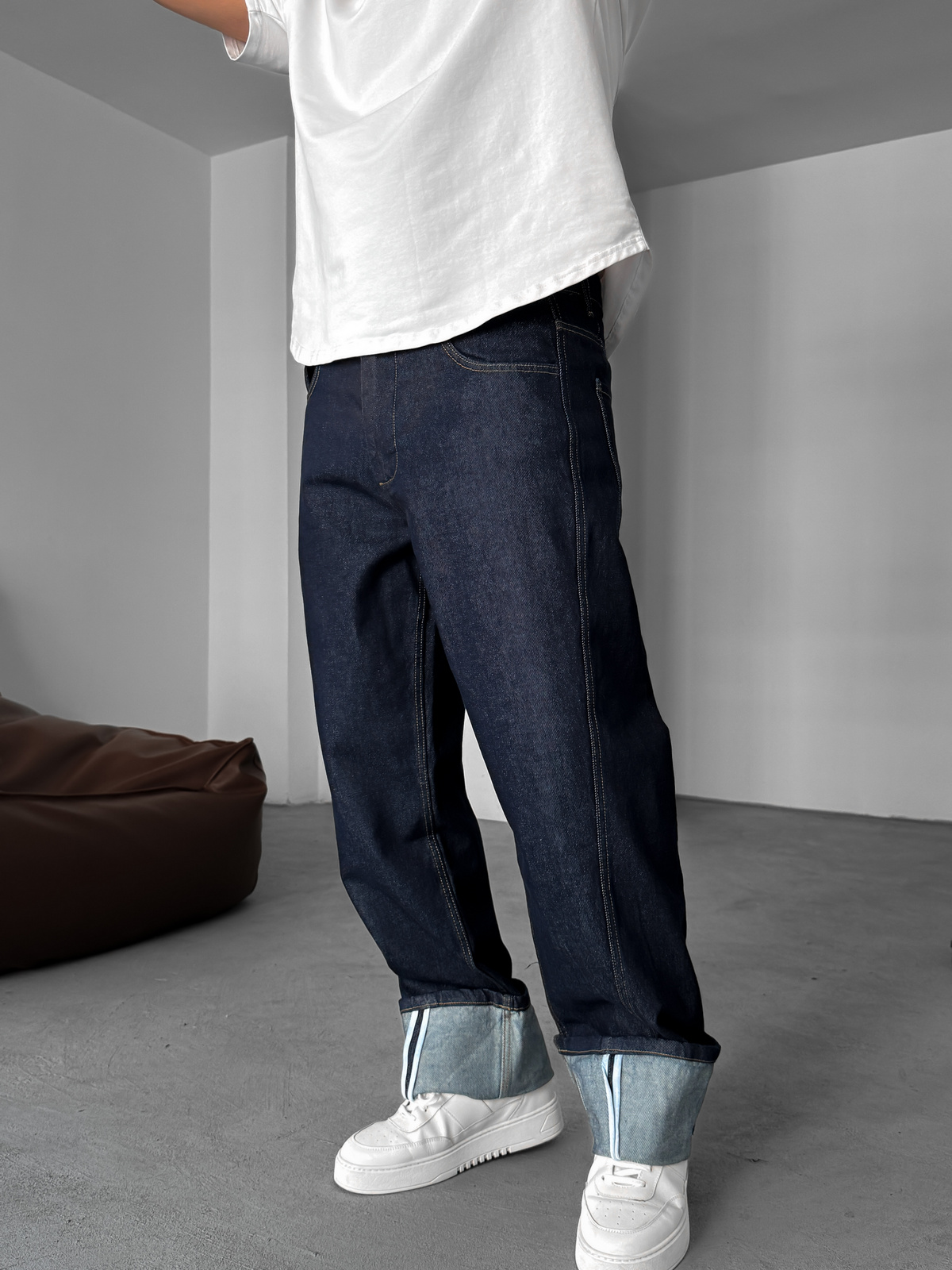 Lacivert Paça Kat Detaylı Baggy Jean YP-5013