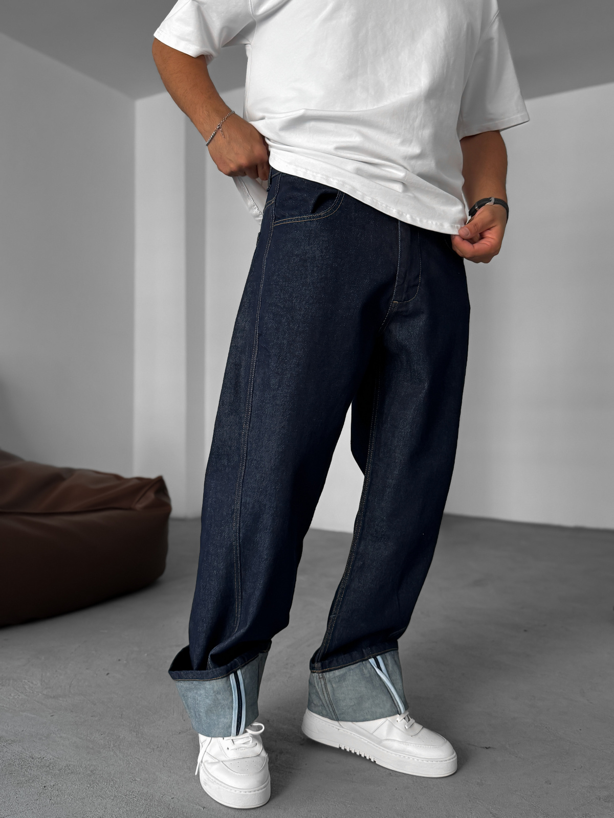 Lacivert Paça Kat Detaylı Baggy Jean YP-5013