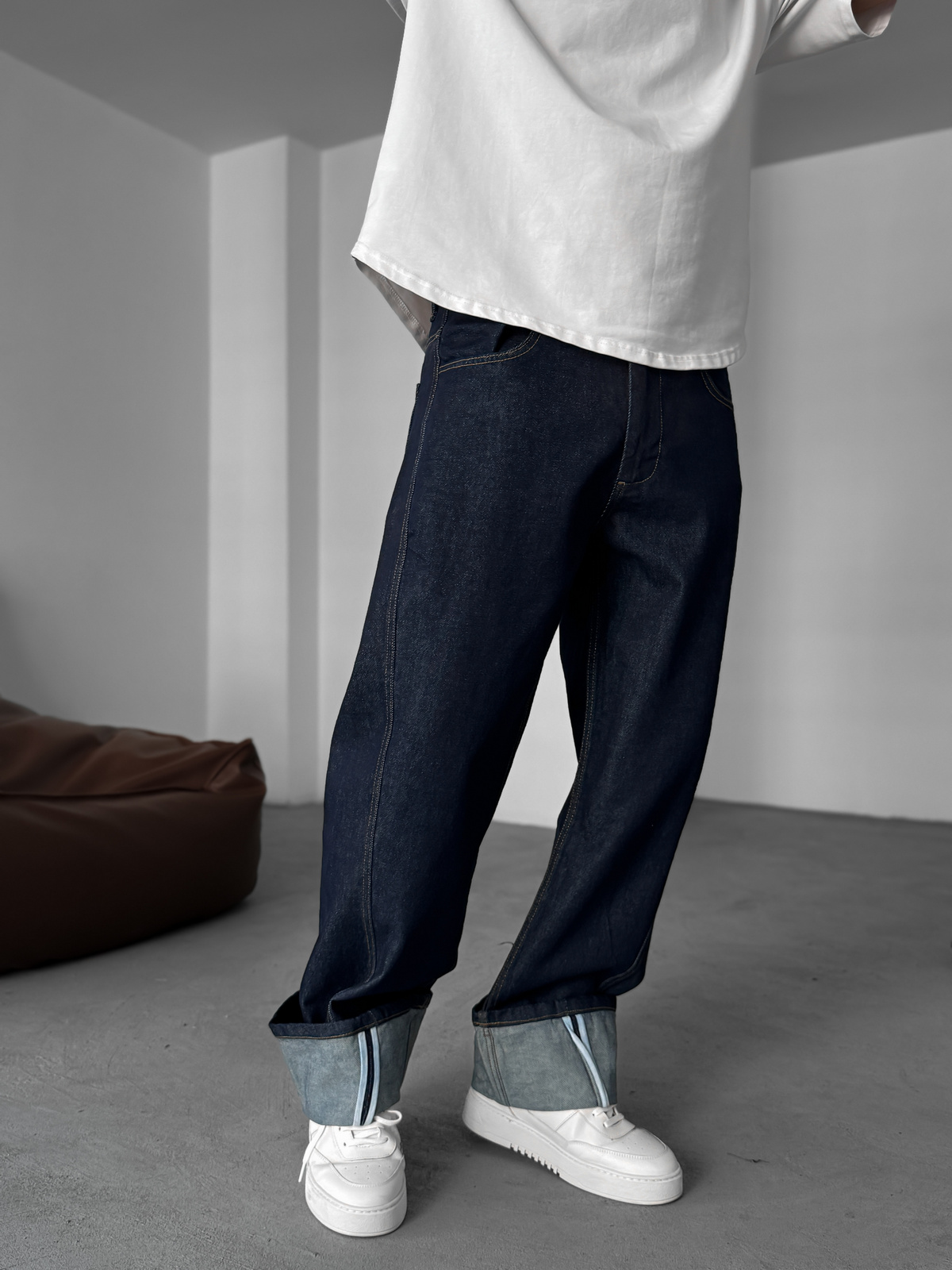 Lacivert Paça Kat Detaylı Baggy Jean YP-5013