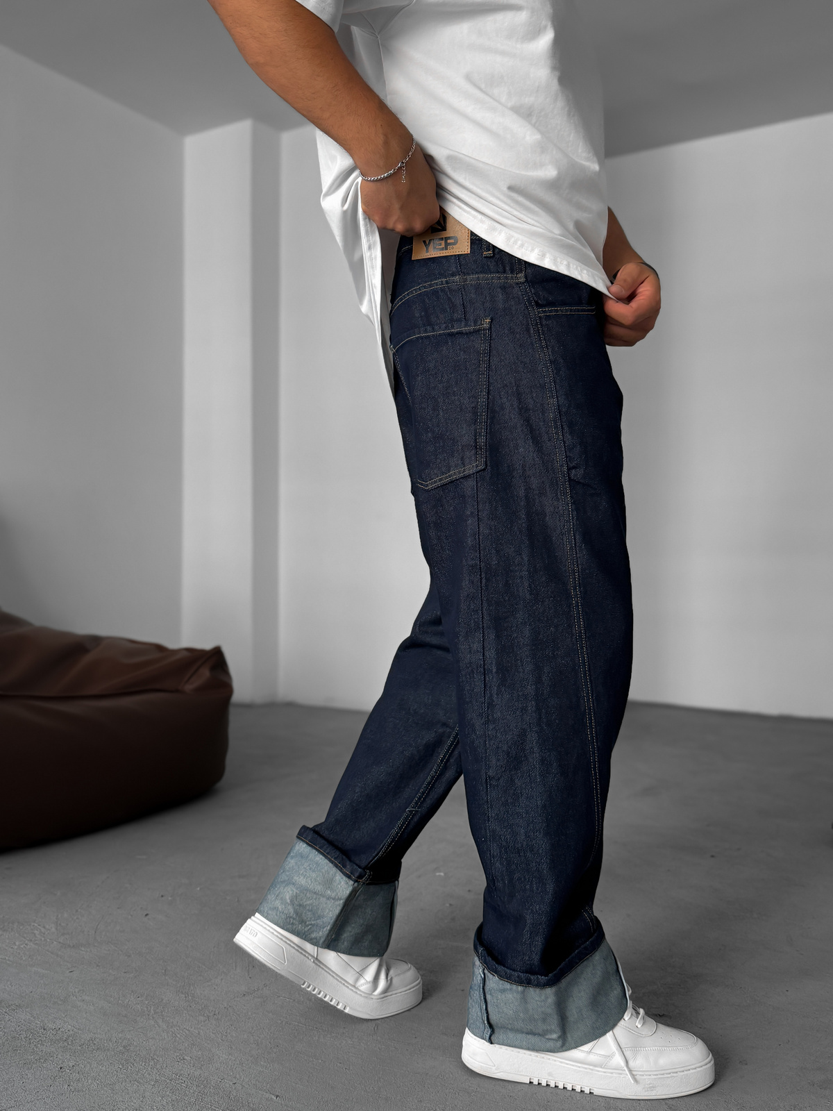 Lacivert Paça Kat Detaylı Baggy Jean YP-5013