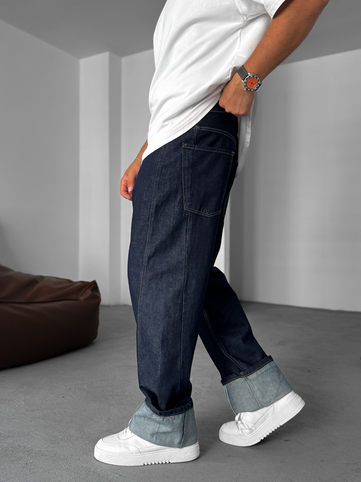 Lacivert Paça Kat Detaylı Baggy Jean YP-5013