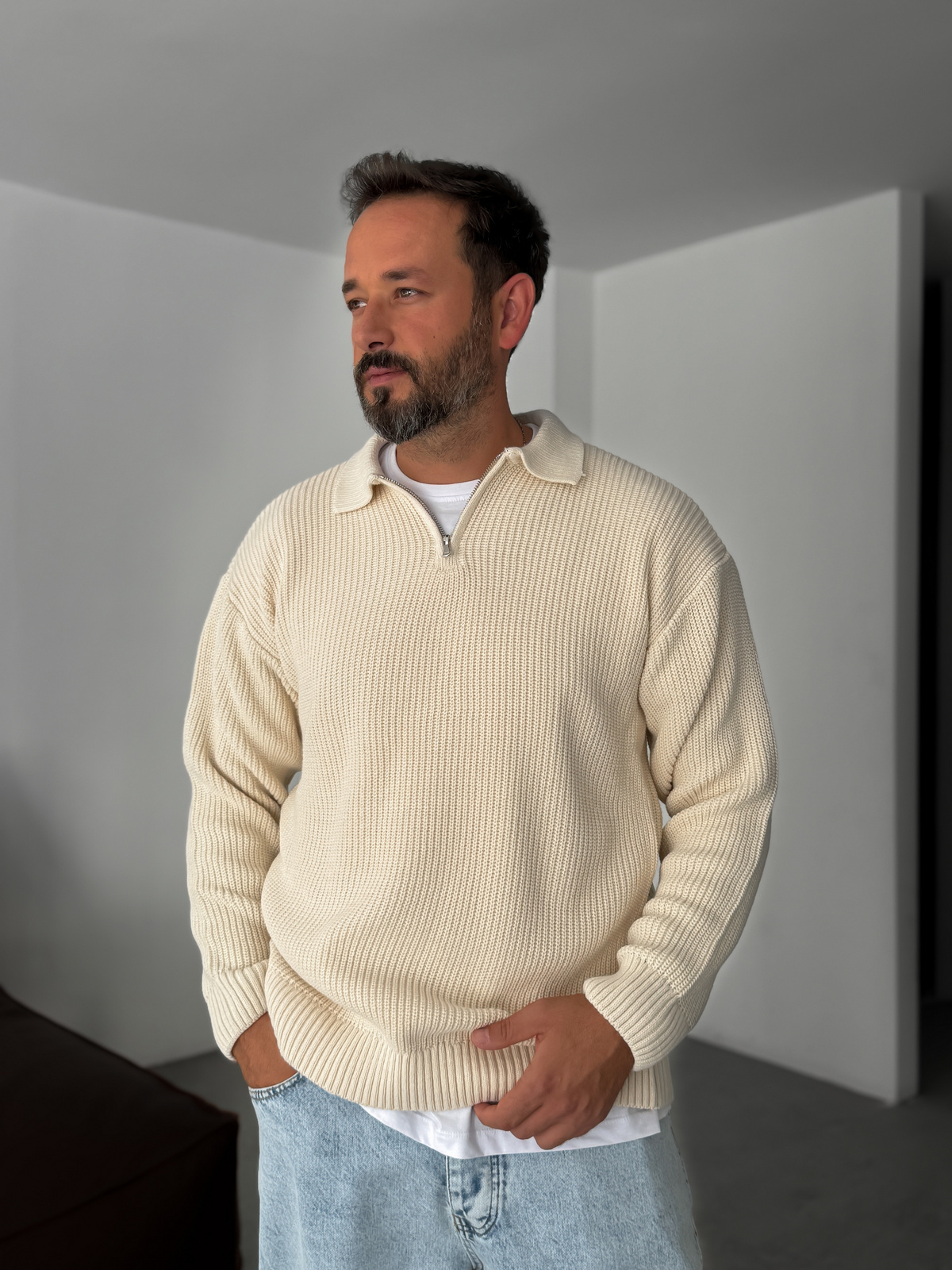 Bej Yarım Fermuarlı Triko Sweat DF-001