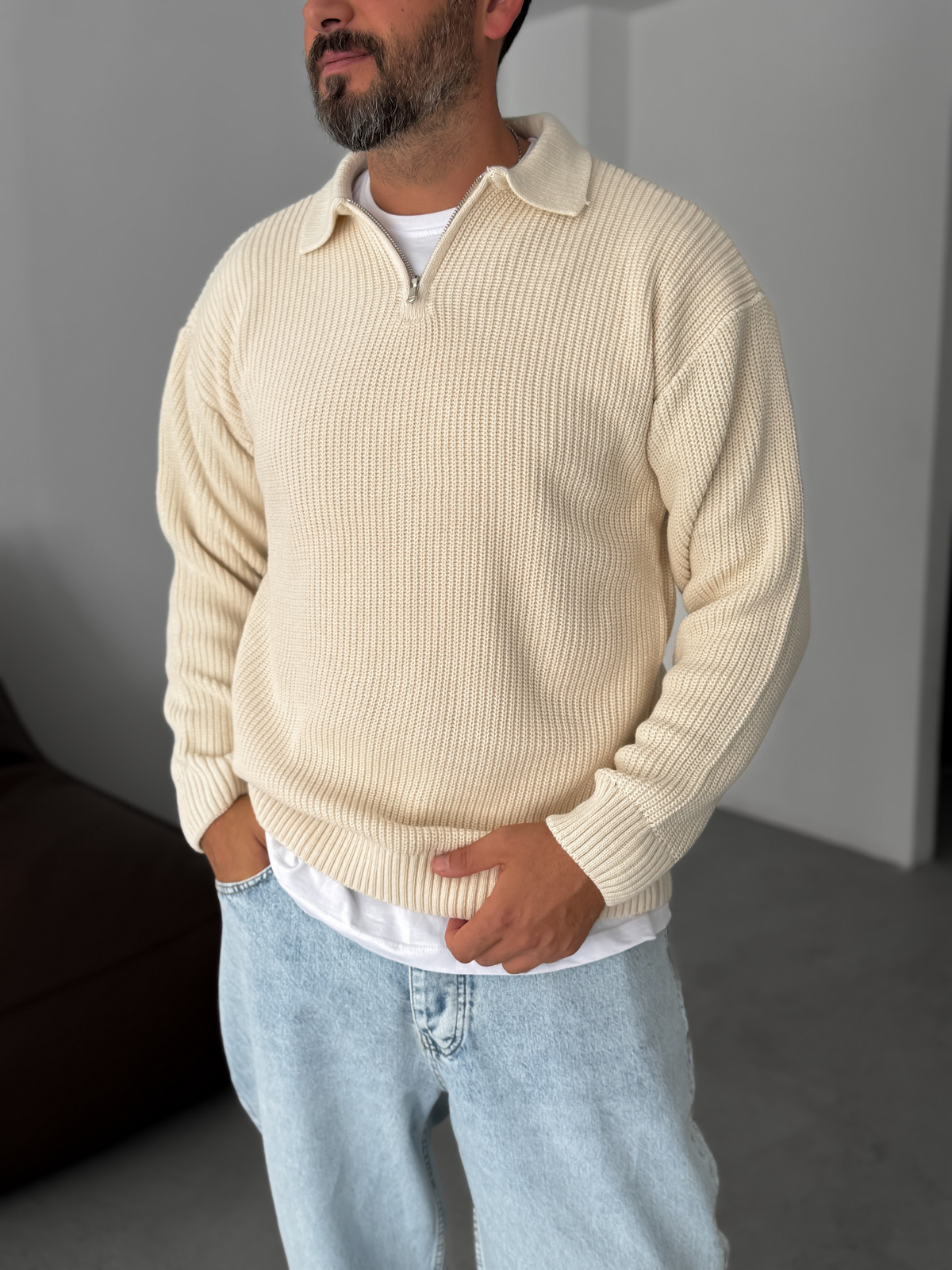 Bej Yarım Fermuarlı Triko Sweat DF-001