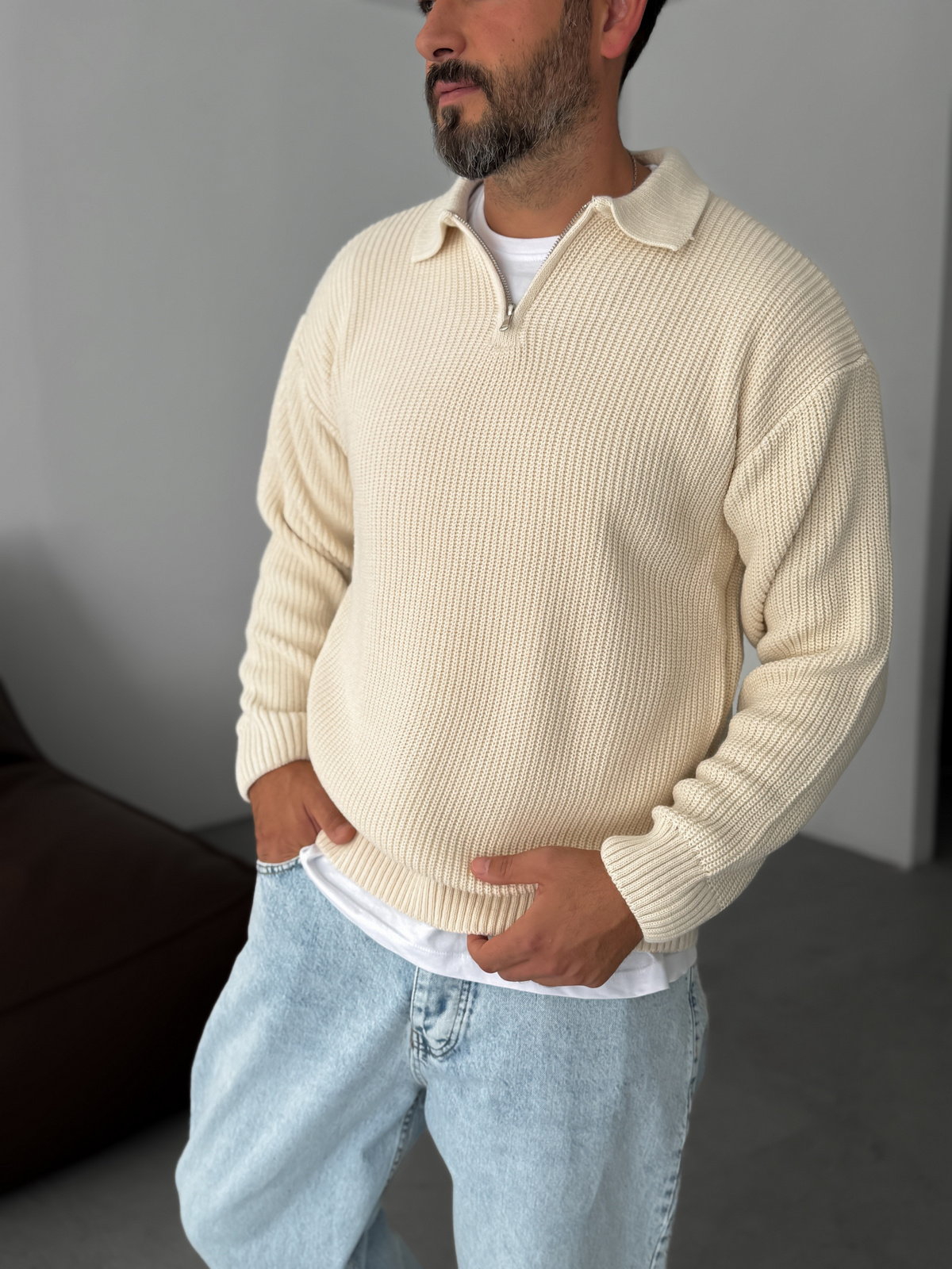 Bej Yarım Fermuarlı Triko Sweat DF-001