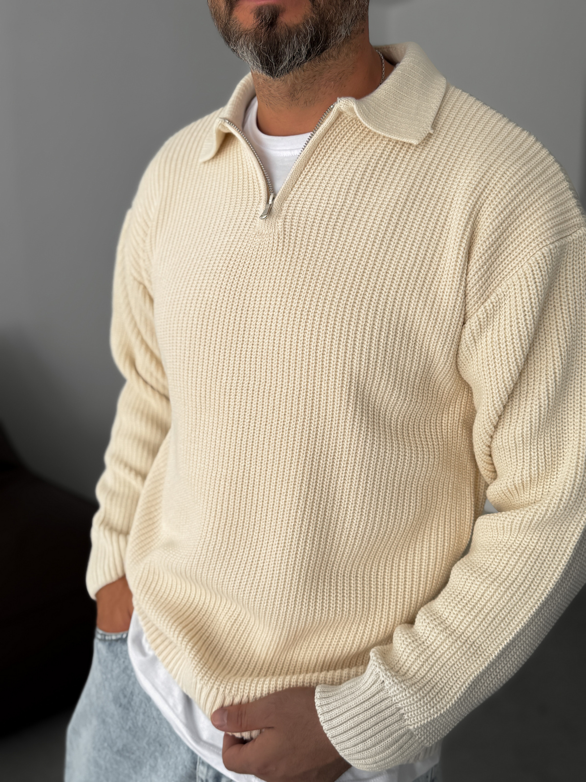 Bej Yarım Fermuarlı Triko Sweat DF-001