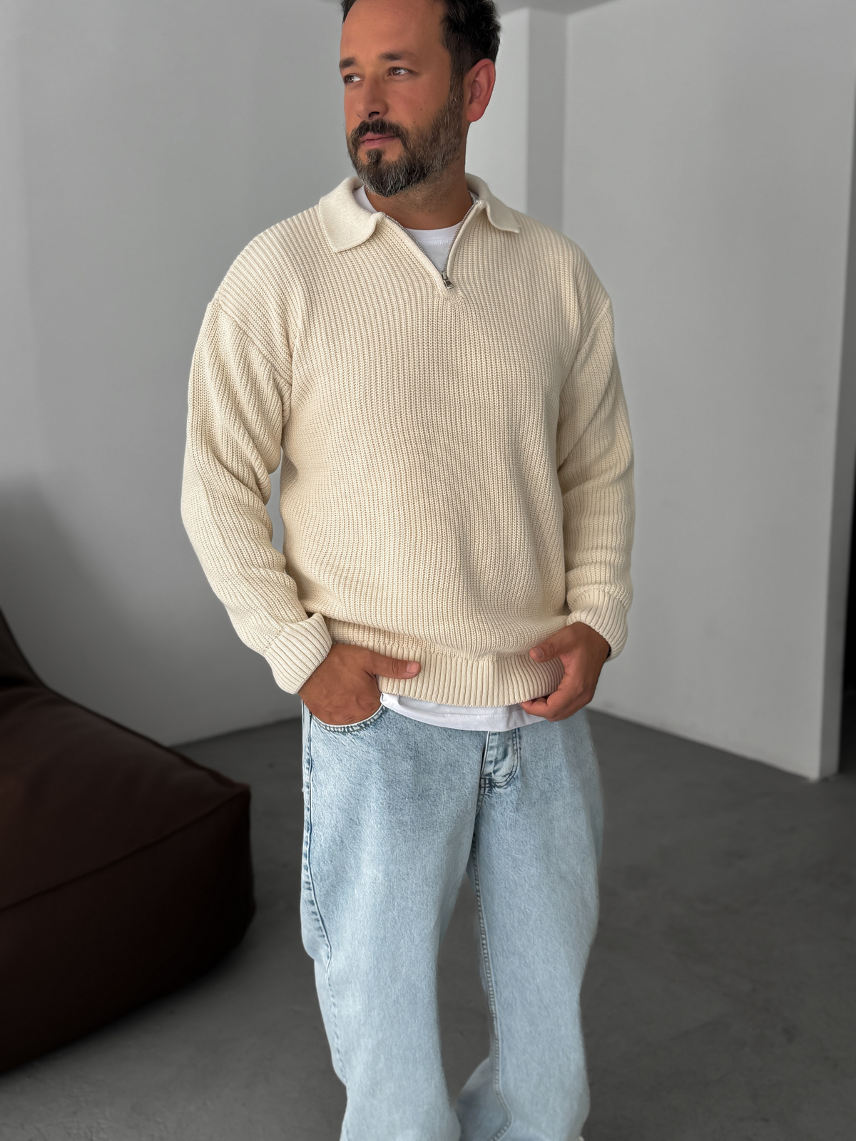 Bej Yarım Fermuarlı Triko Sweat DF-001