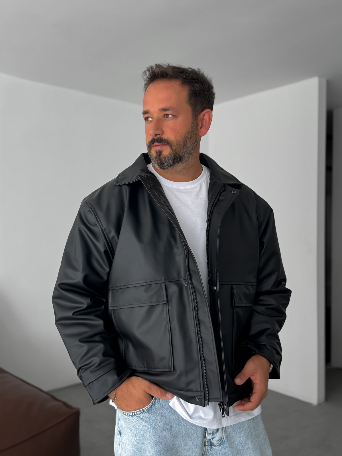 Siyah Çift Cepli Oversize Deri Ceket DF-003