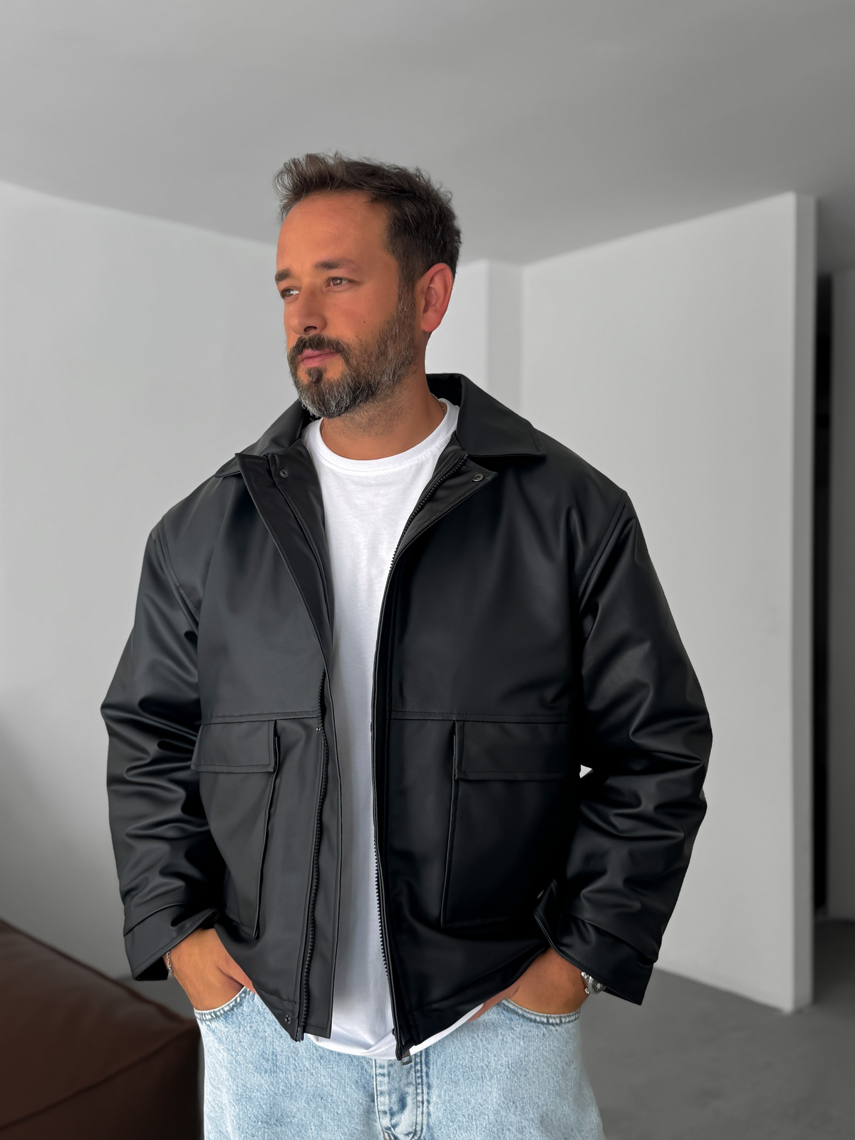 Siyah Çift Cepli Oversize Deri Ceket DF-003