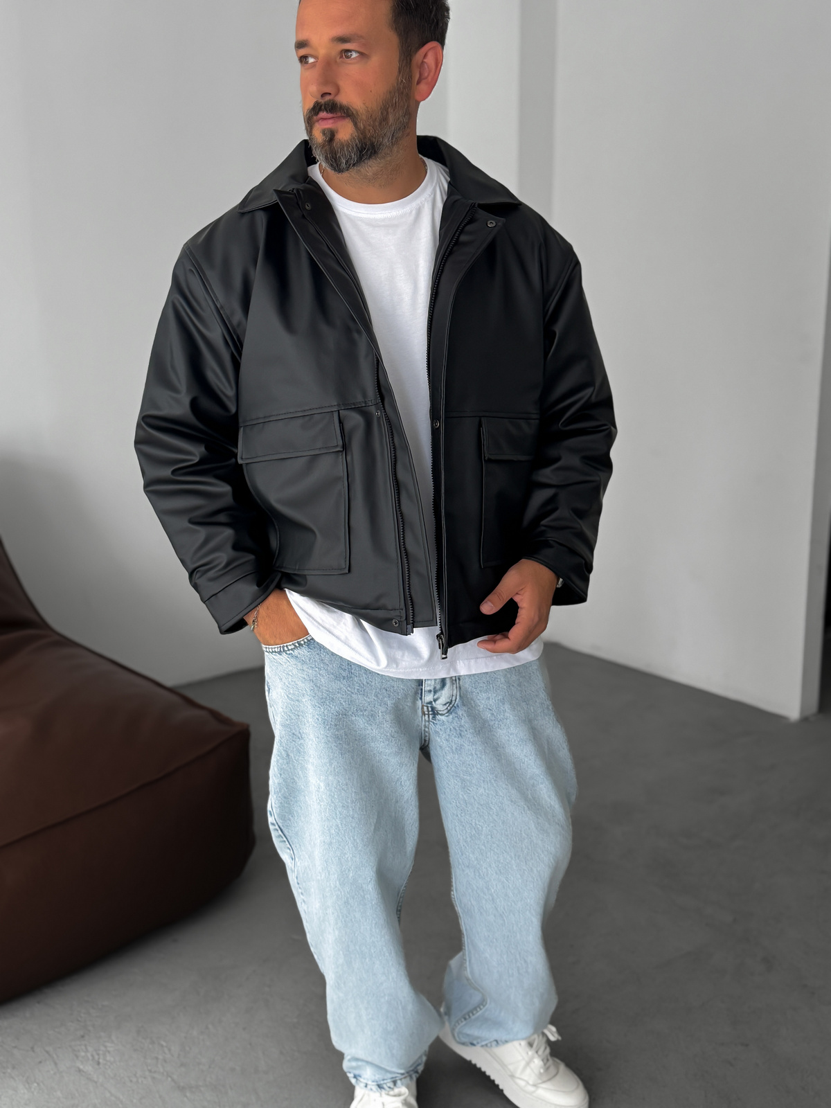 Siyah Çift Cepli Oversize Deri Ceket DF-003