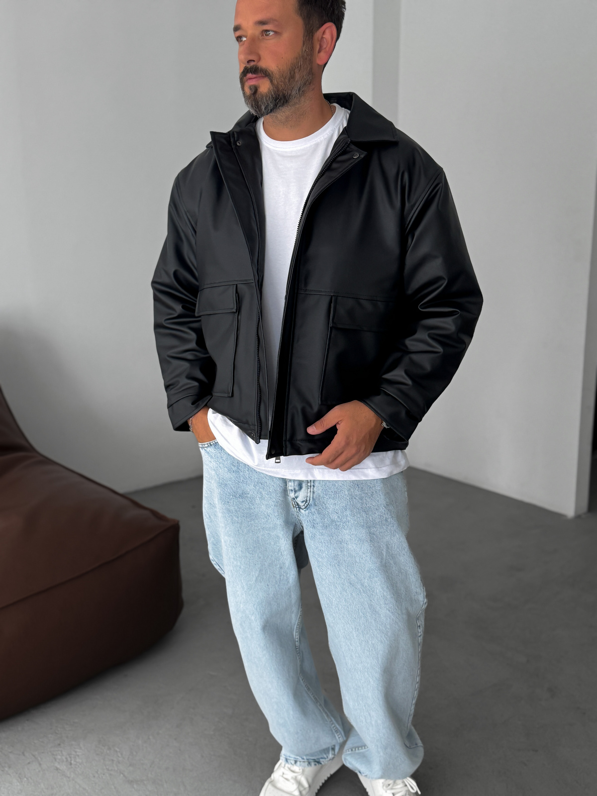 Siyah Çift Cepli Oversize Deri Ceket DF-003