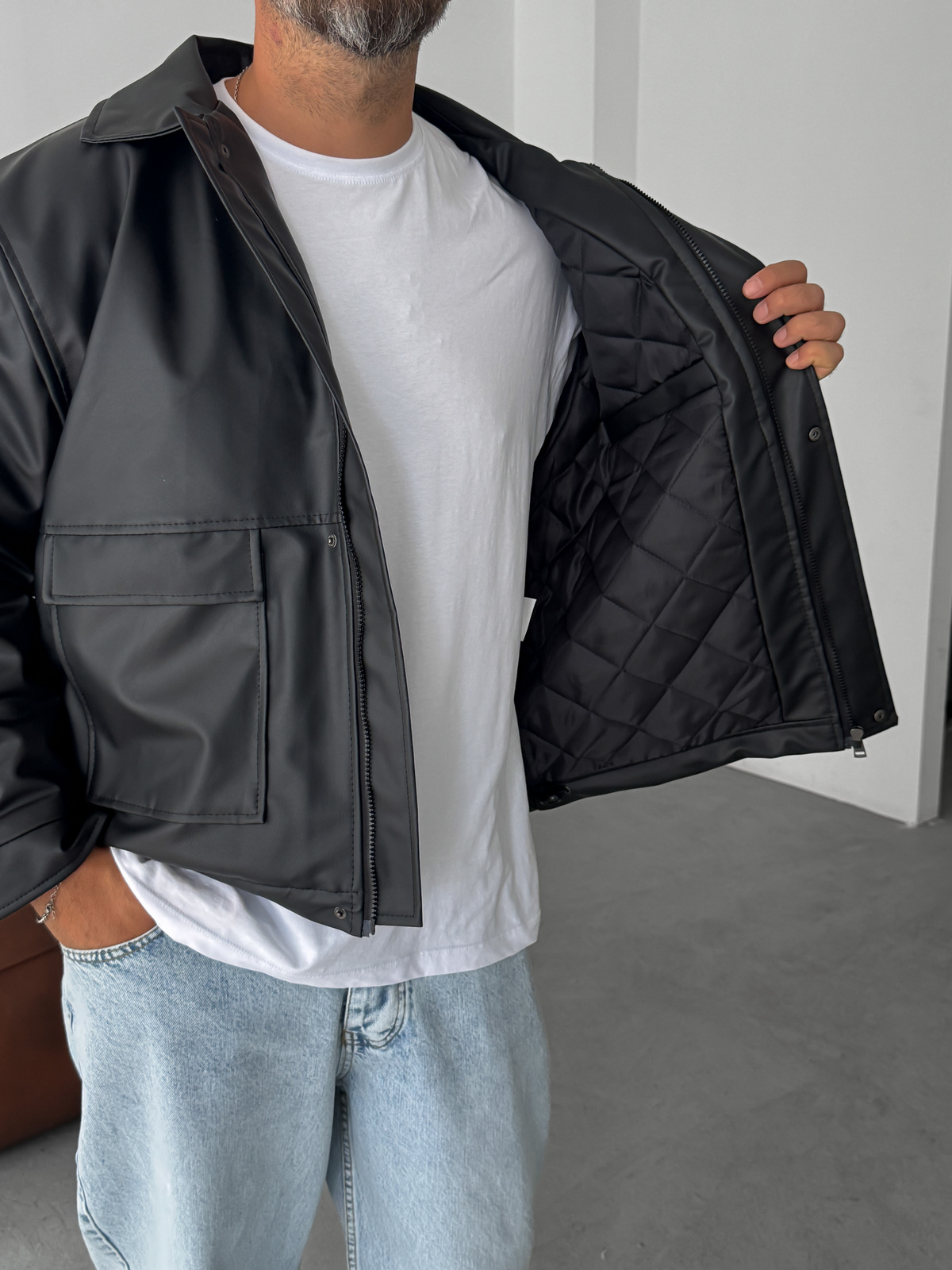 Siyah Çift Cepli Oversize Deri Ceket DF-003