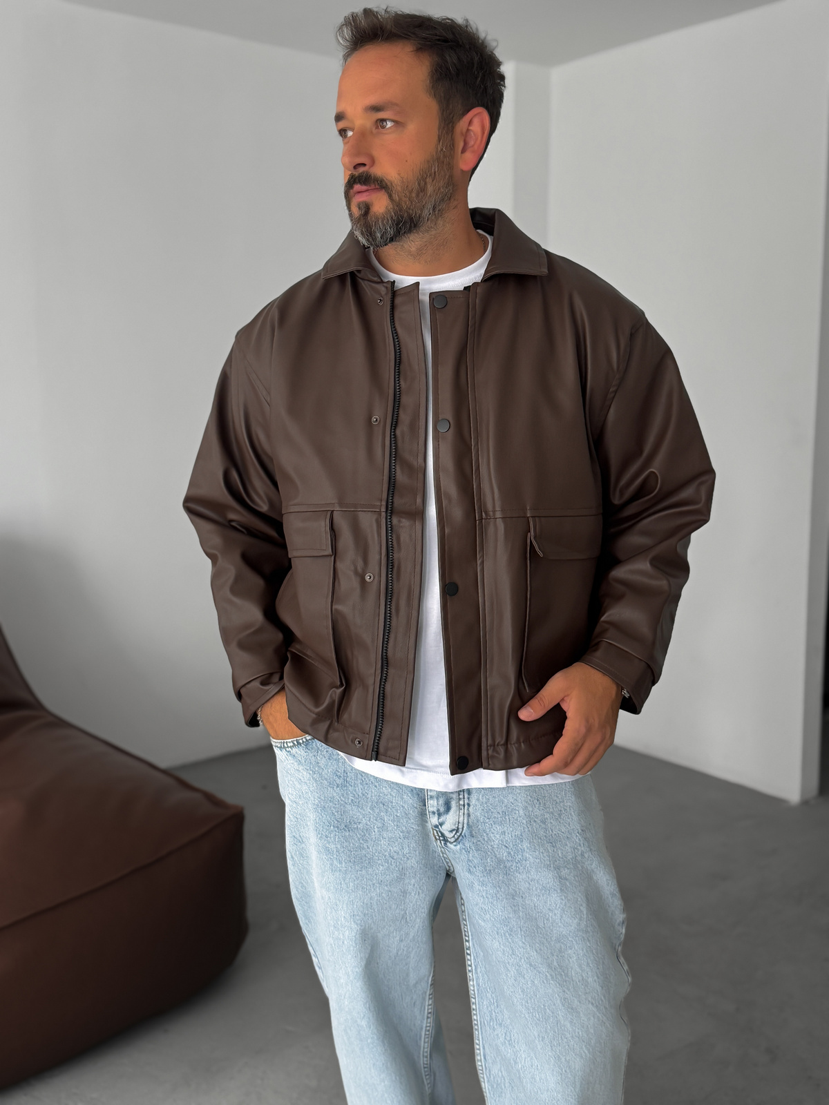 Kahve Çift Cepli Oversize Deri Ceket DF-003