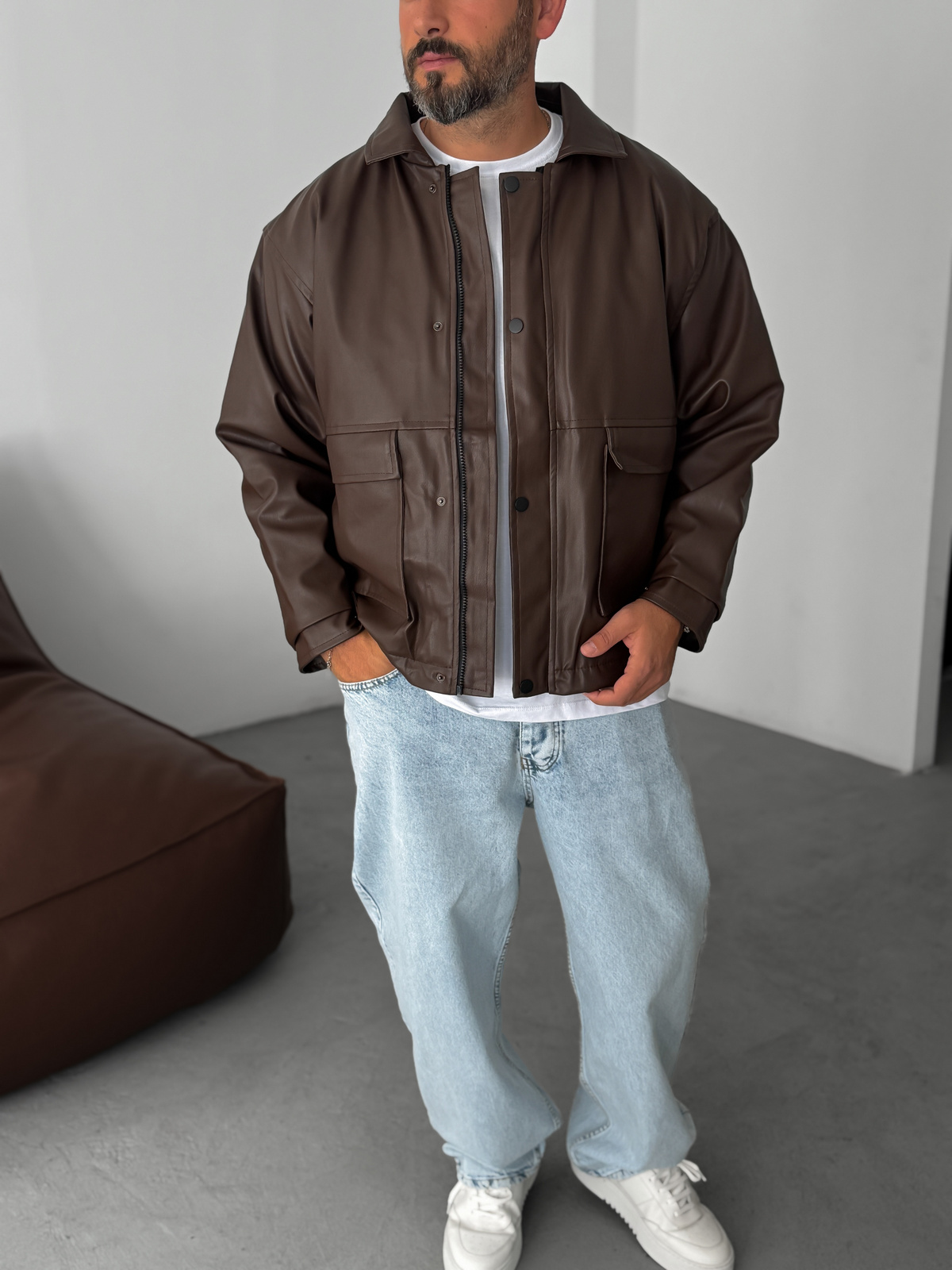 Kahve Çift Cepli Oversize Deri Ceket DF-003