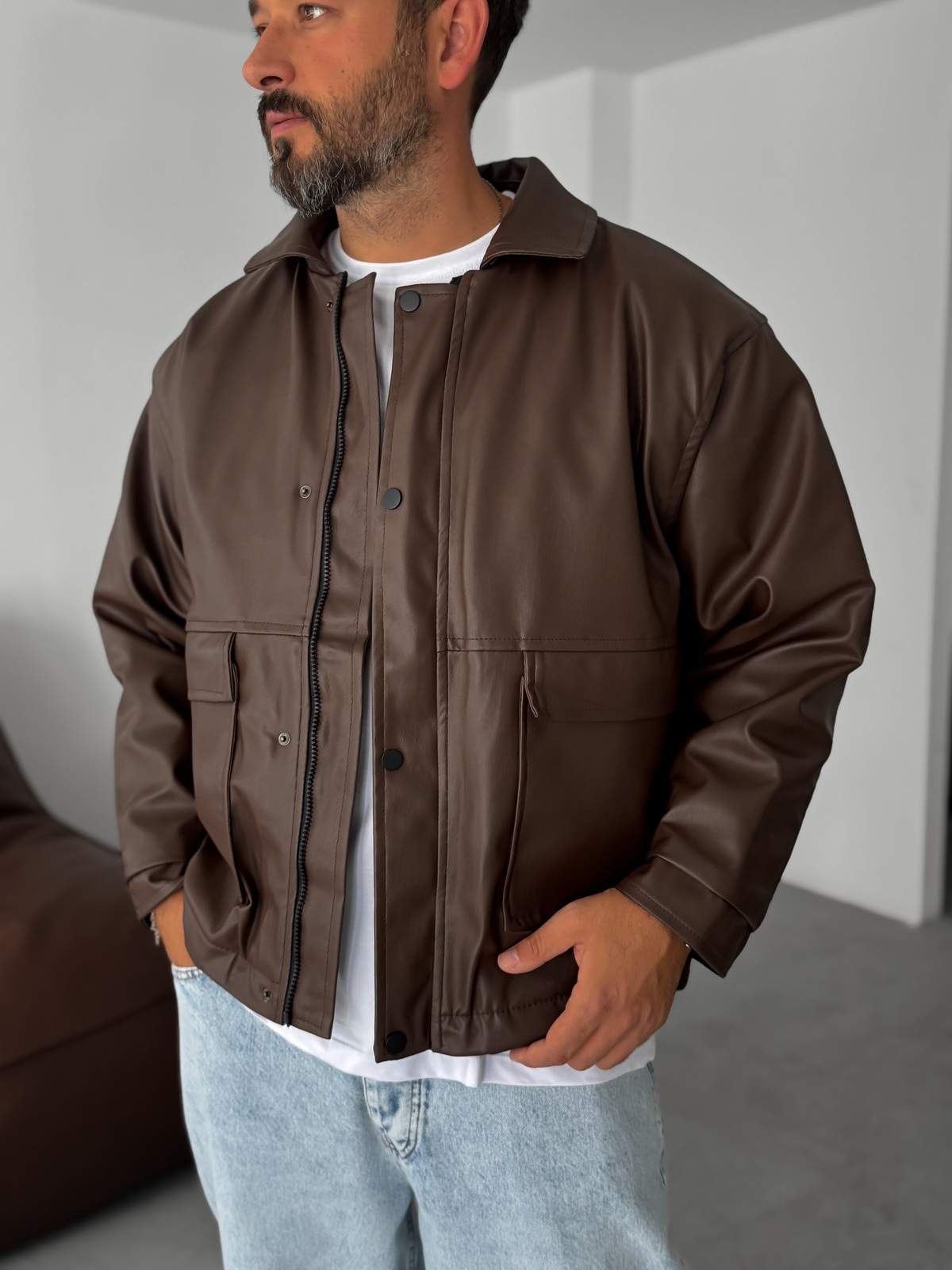 Kahve Çift Cepli Oversize Deri Ceket DF-003