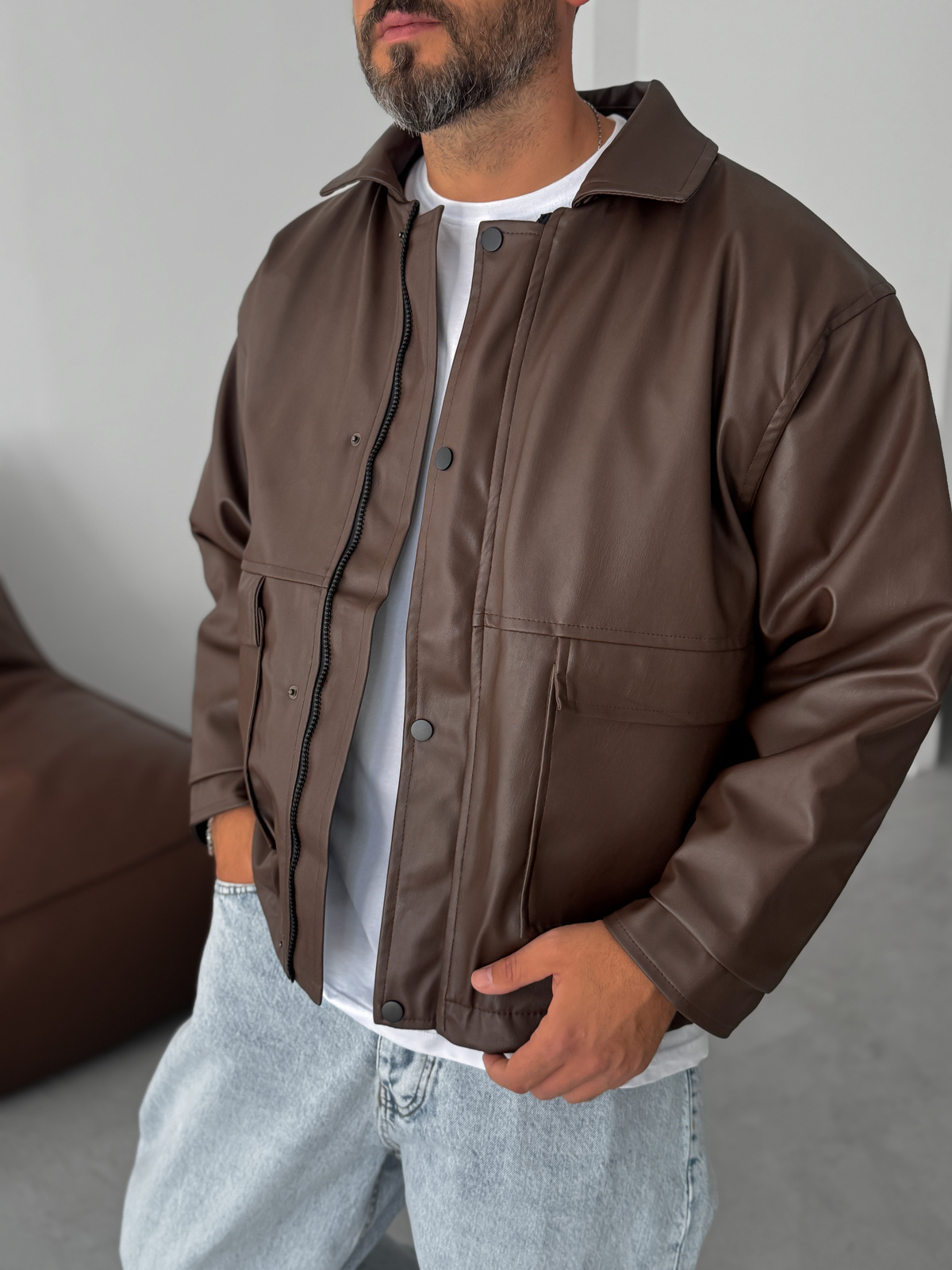 Kahve Çift Cepli Oversize Deri Ceket DF-003