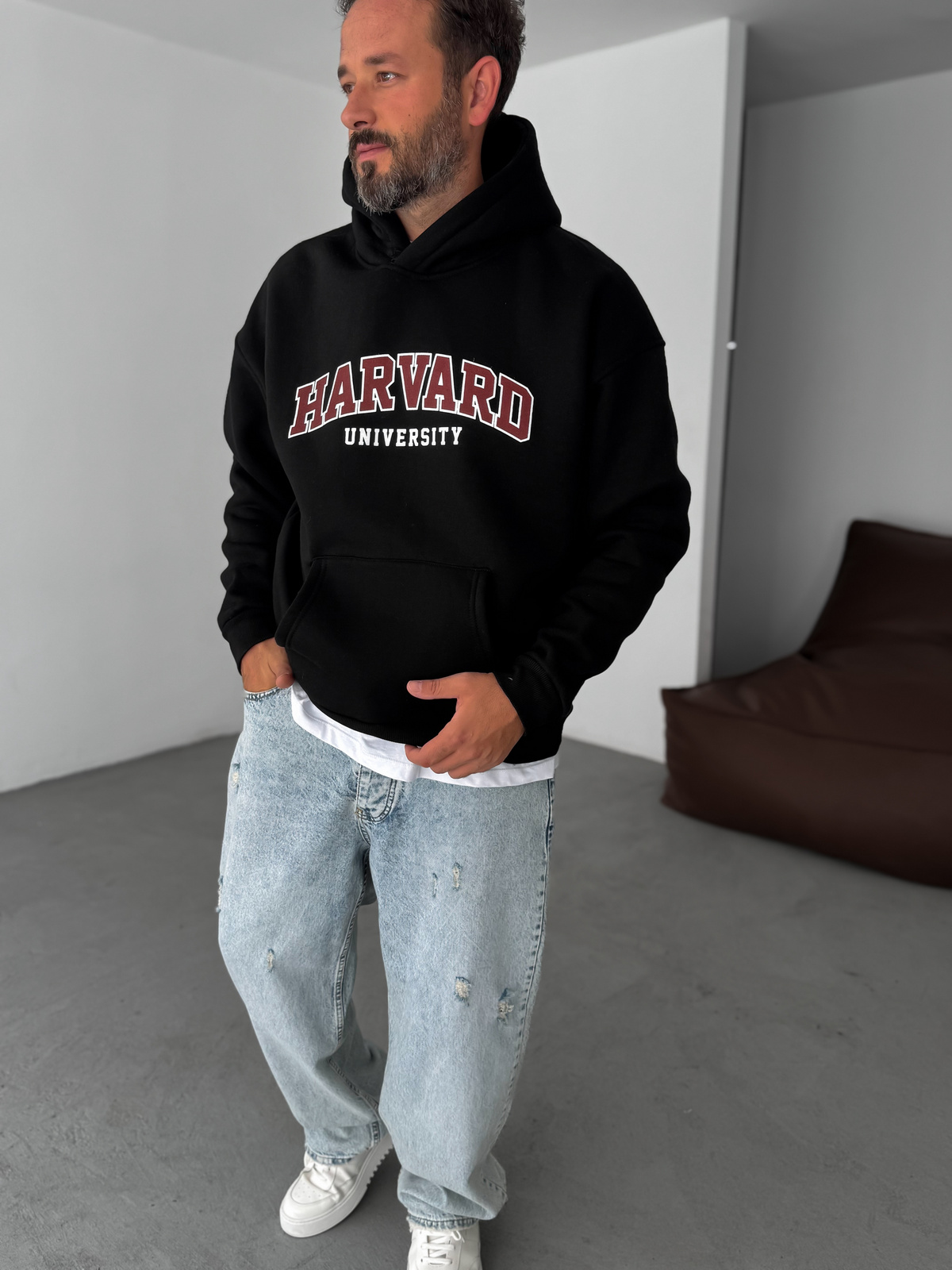 Siyah Harvard Baskılı Kapüşonlu Sweatshirt PM-01