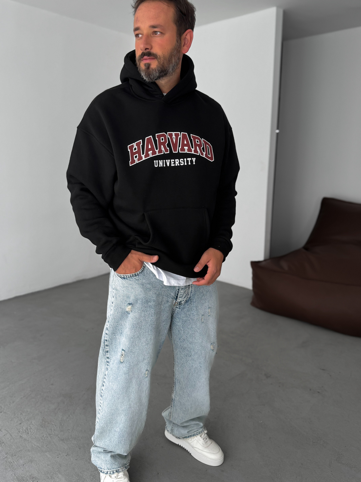 Siyah Harvard Baskılı Kapüşonlu Sweatshirt PM-01