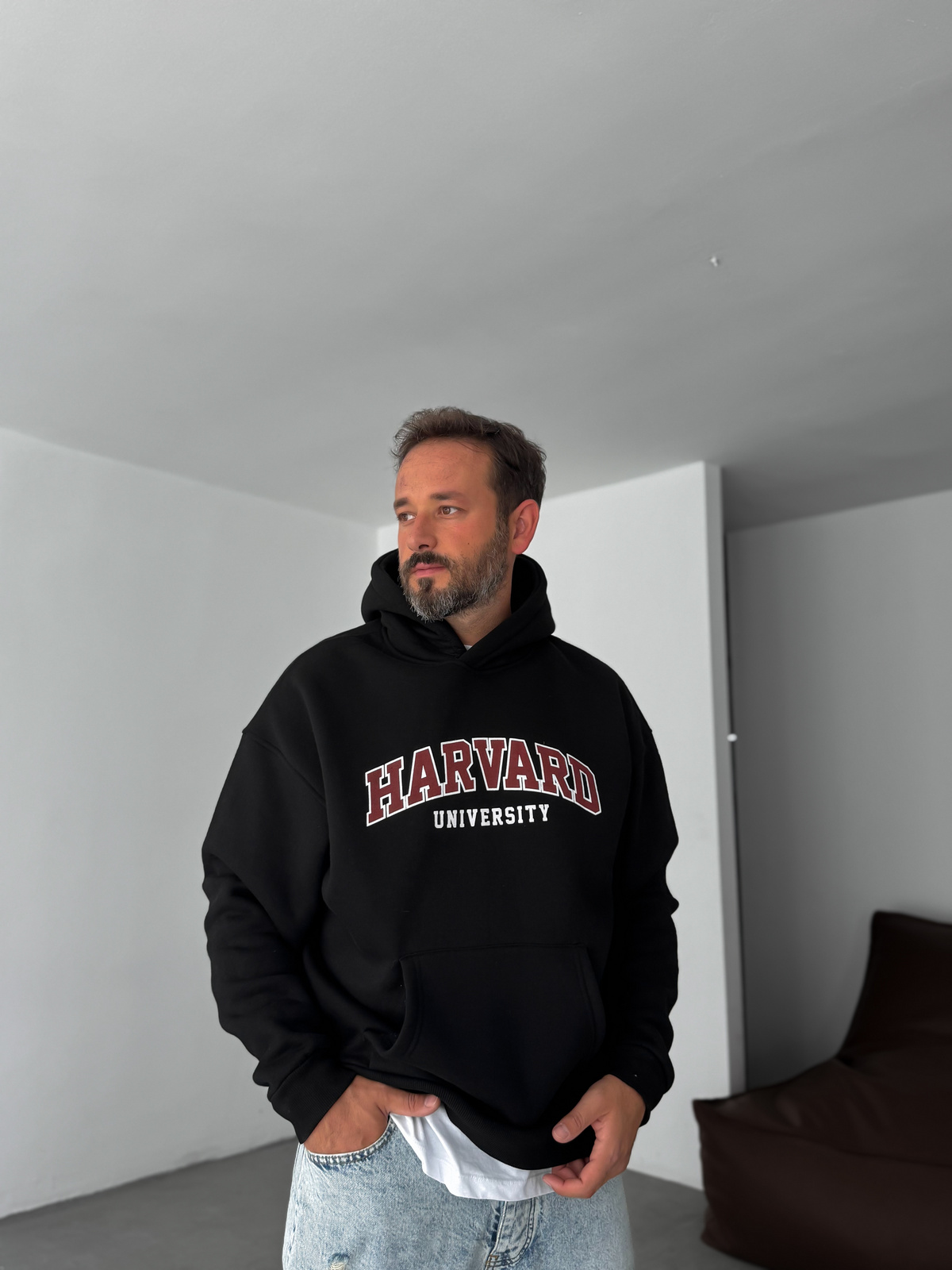 Siyah Harvard Baskılı Kapüşonlu Sweatshirt PM-01