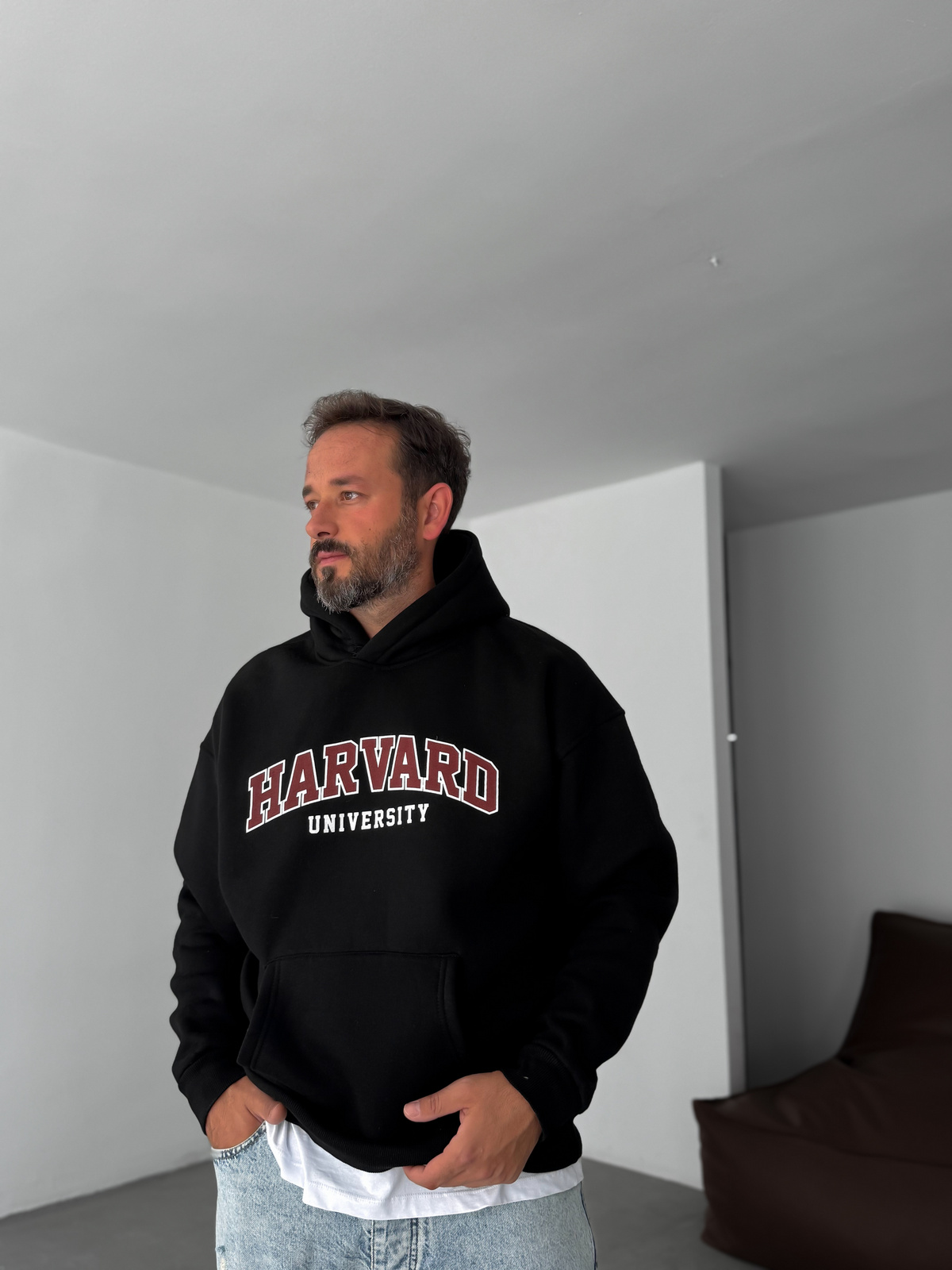 Siyah Harvard Baskılı Kapüşonlu Sweatshirt PM-01