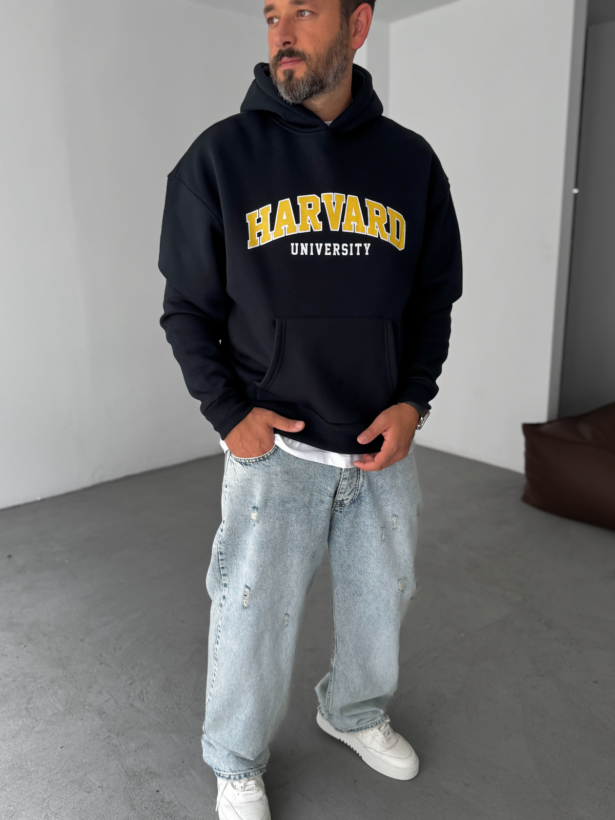 Lacivert Harvard Baskılı Kapüşonlu Sweatshirt PM-01