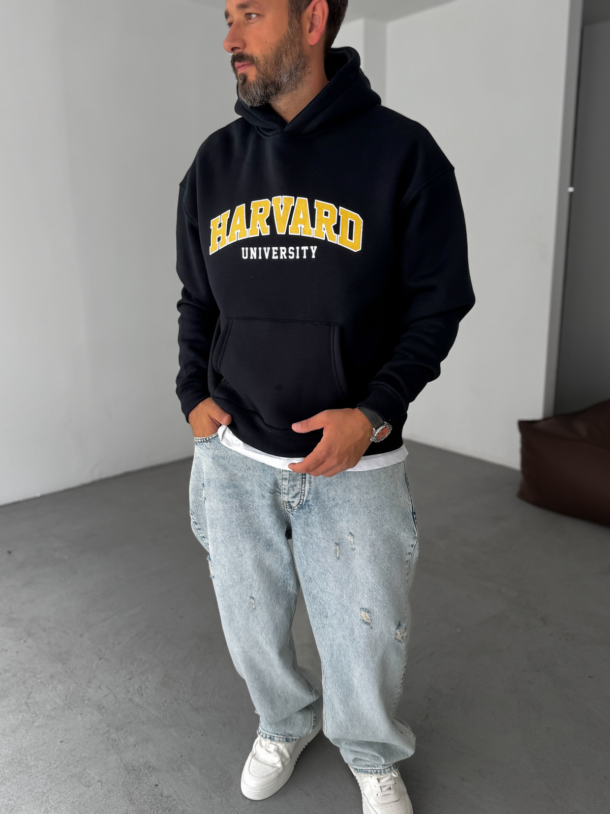 Lacivert Harvard Baskılı Kapüşonlu Sweatshirt PM-01