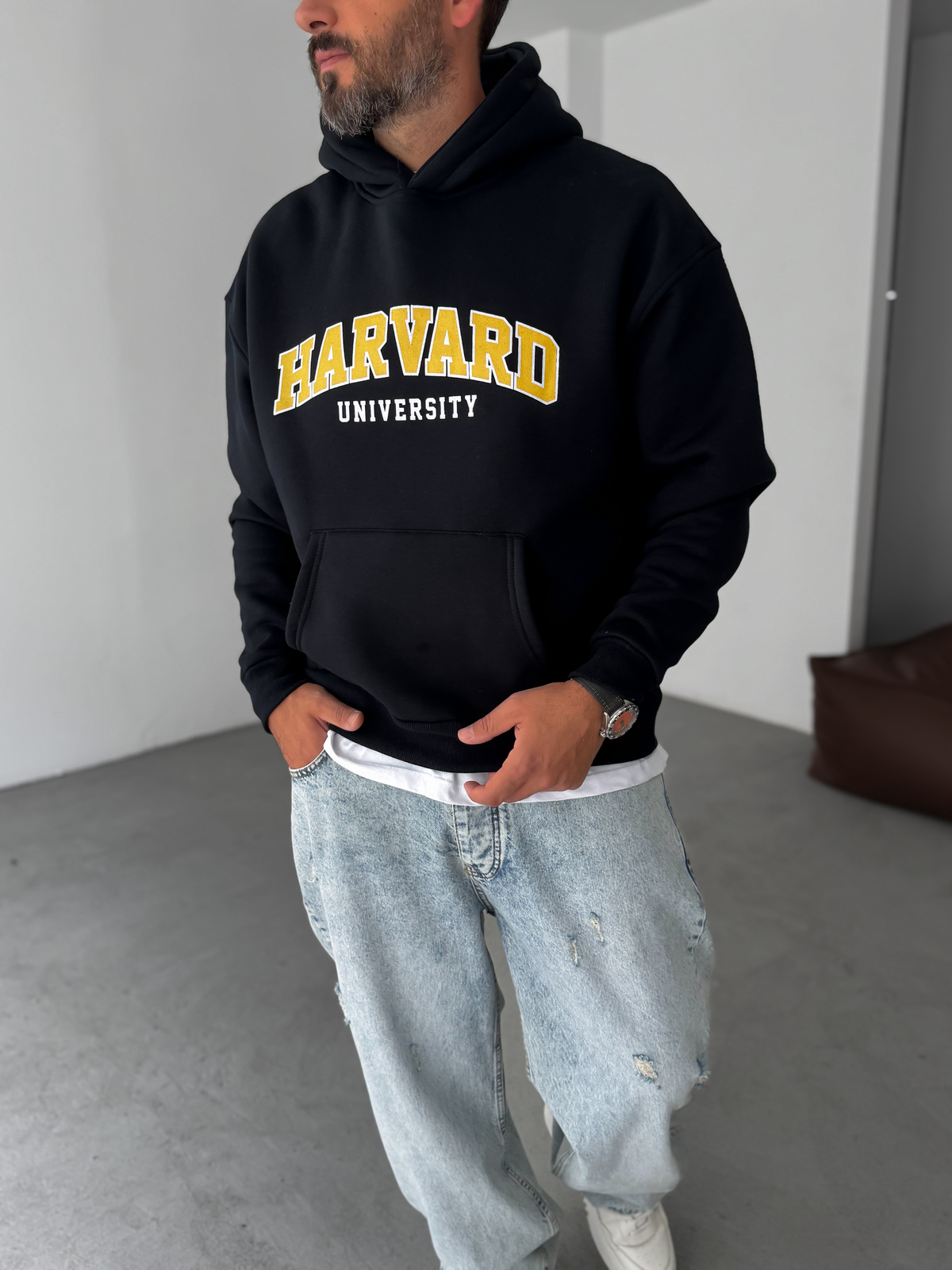 Lacivert Harvard Baskılı Kapüşonlu Sweatshirt PM-01