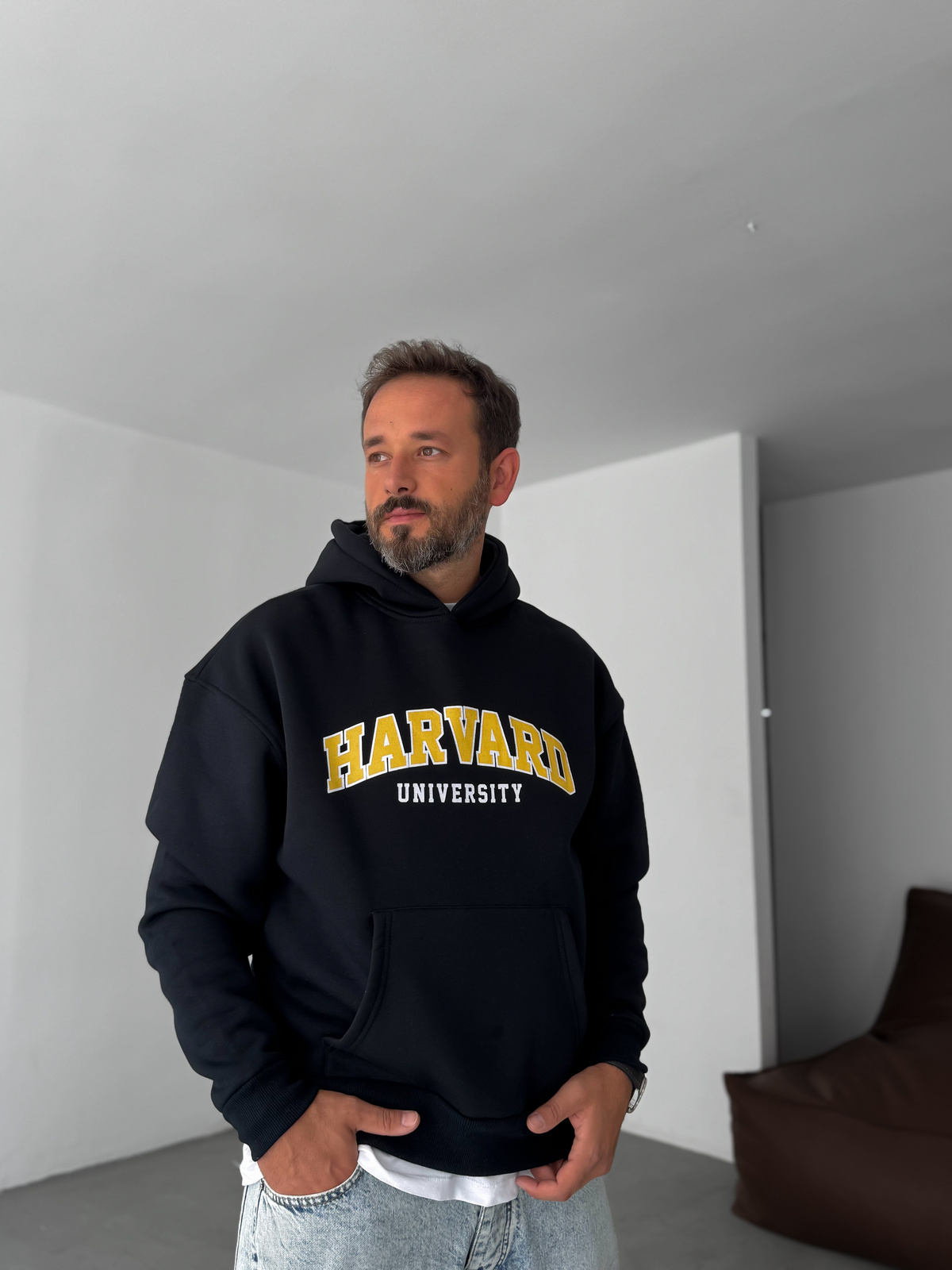 Lacivert Harvard Baskılı Kapüşonlu Sweatshirt PM-01