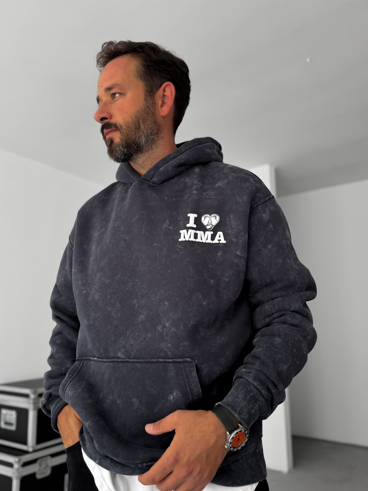 Siyah MMA Yıkamalı Kapüşonlu Sweatshirt RES-1038