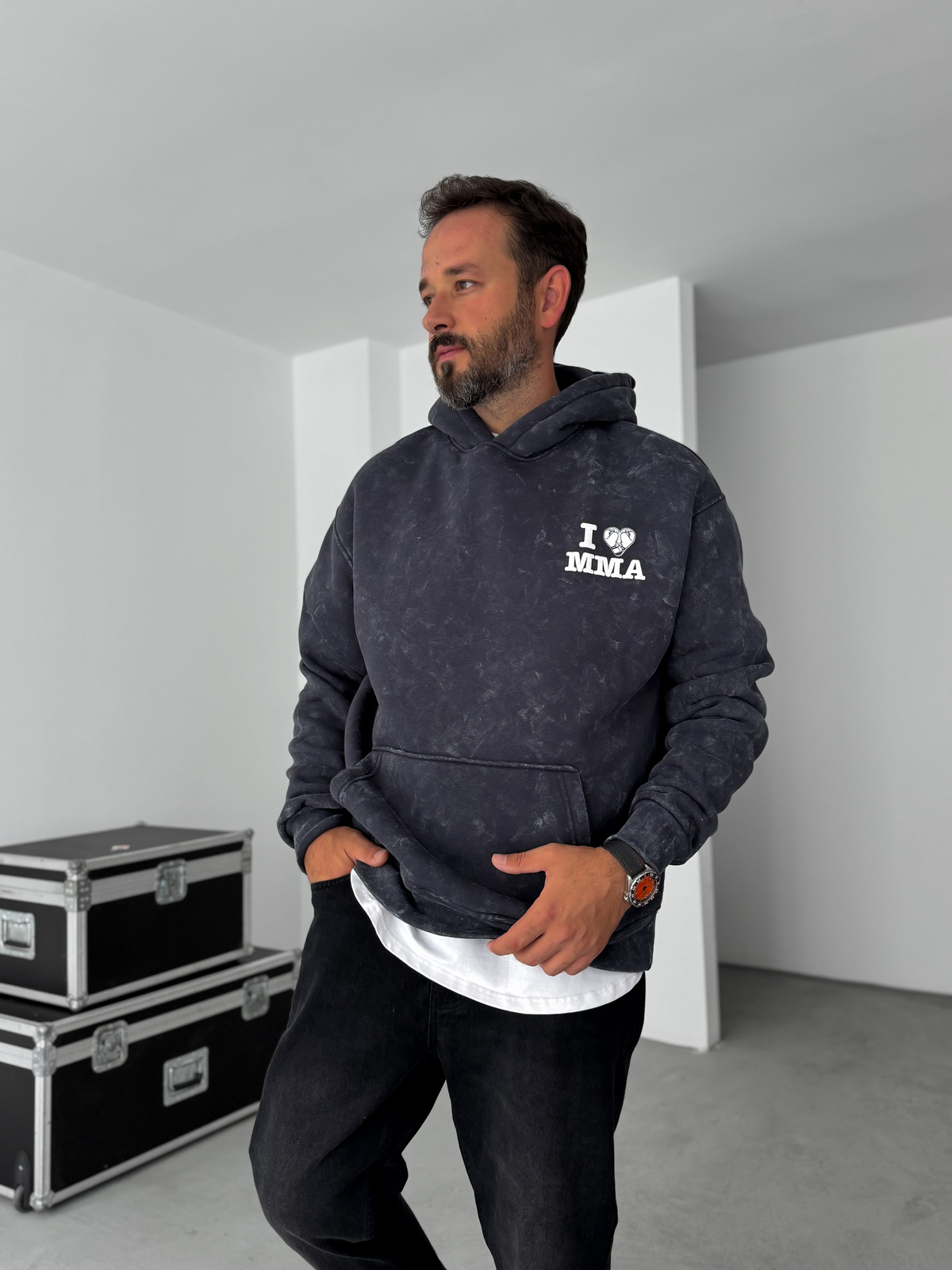 Siyah MMA Yıkamalı Kapüşonlu Sweatshirt RES-1038