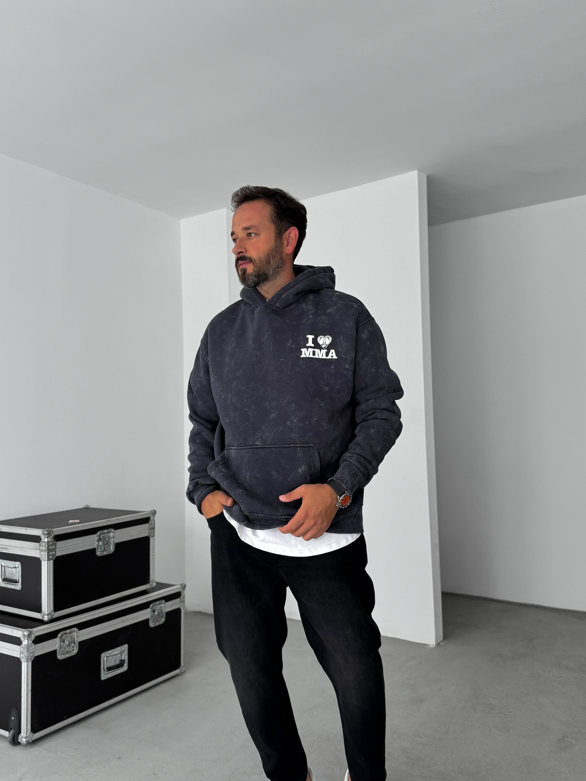 Siyah MMA Yıkamalı Kapüşonlu Sweatshirt RES-1038