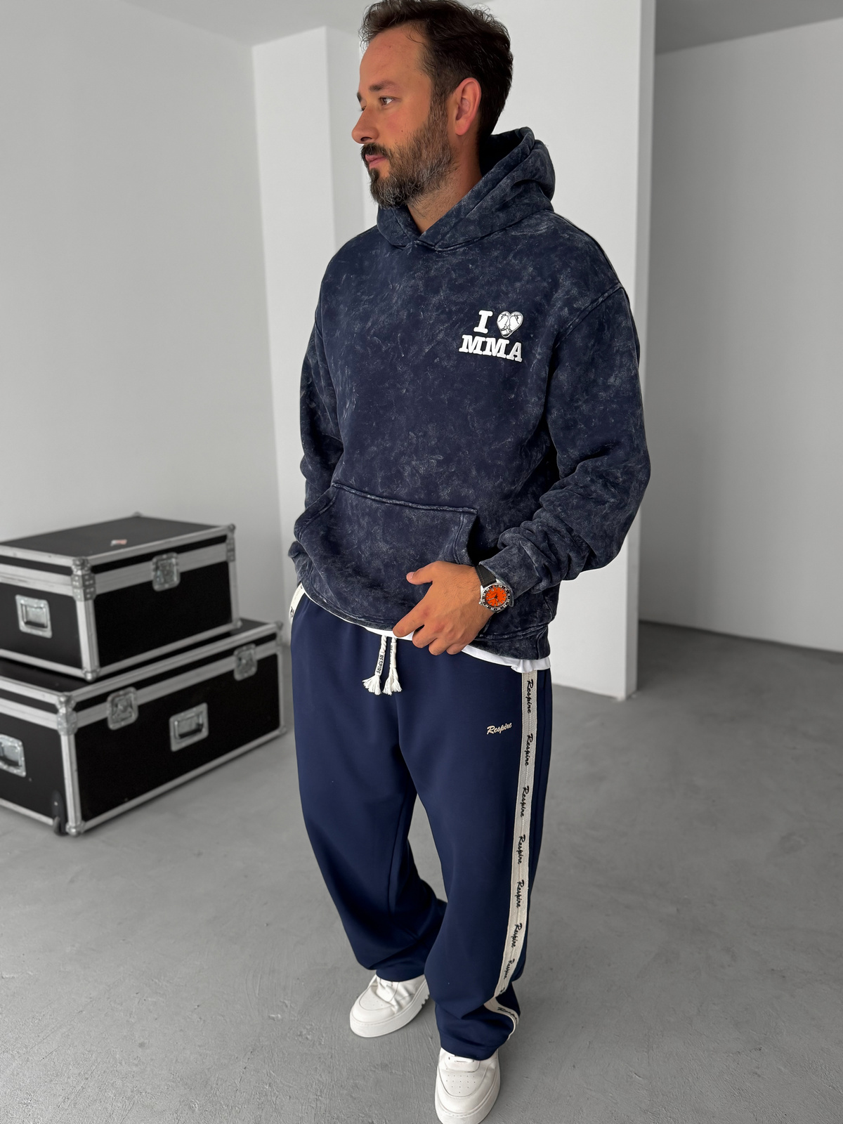 Lacivert MMA Yıkamalı Kapüşonlu Sweatshirt RES-1038