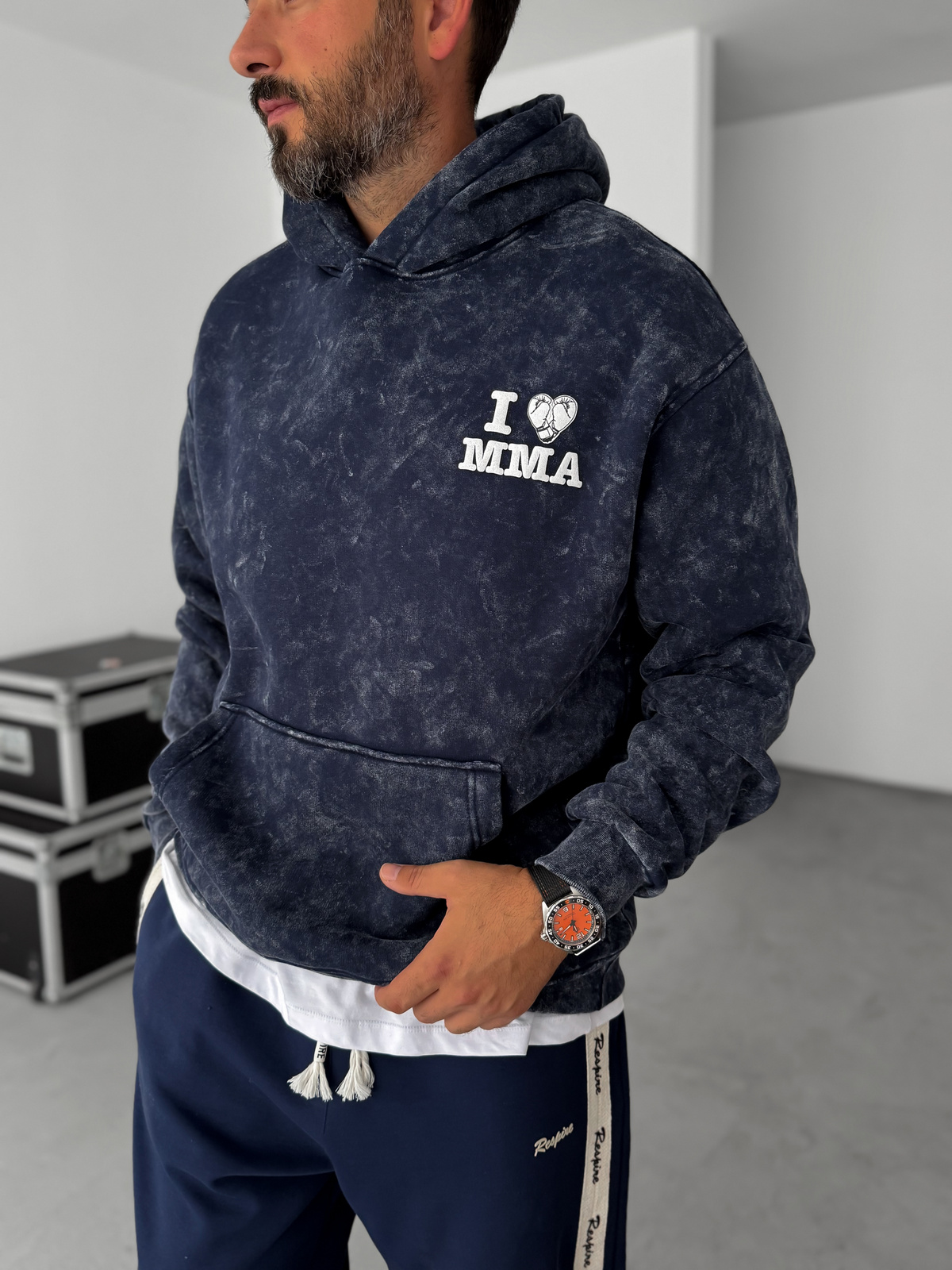 Lacivert MMA Yıkamalı Kapüşonlu Sweatshirt RES-1038