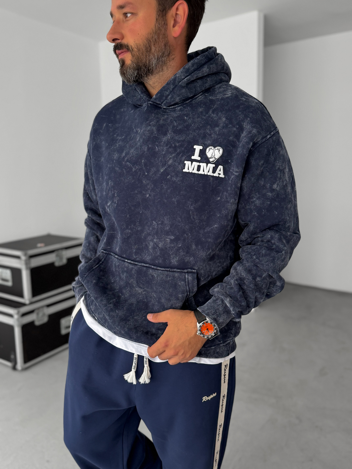 Lacivert MMA Yıkamalı Kapüşonlu Sweatshirt RES-1038