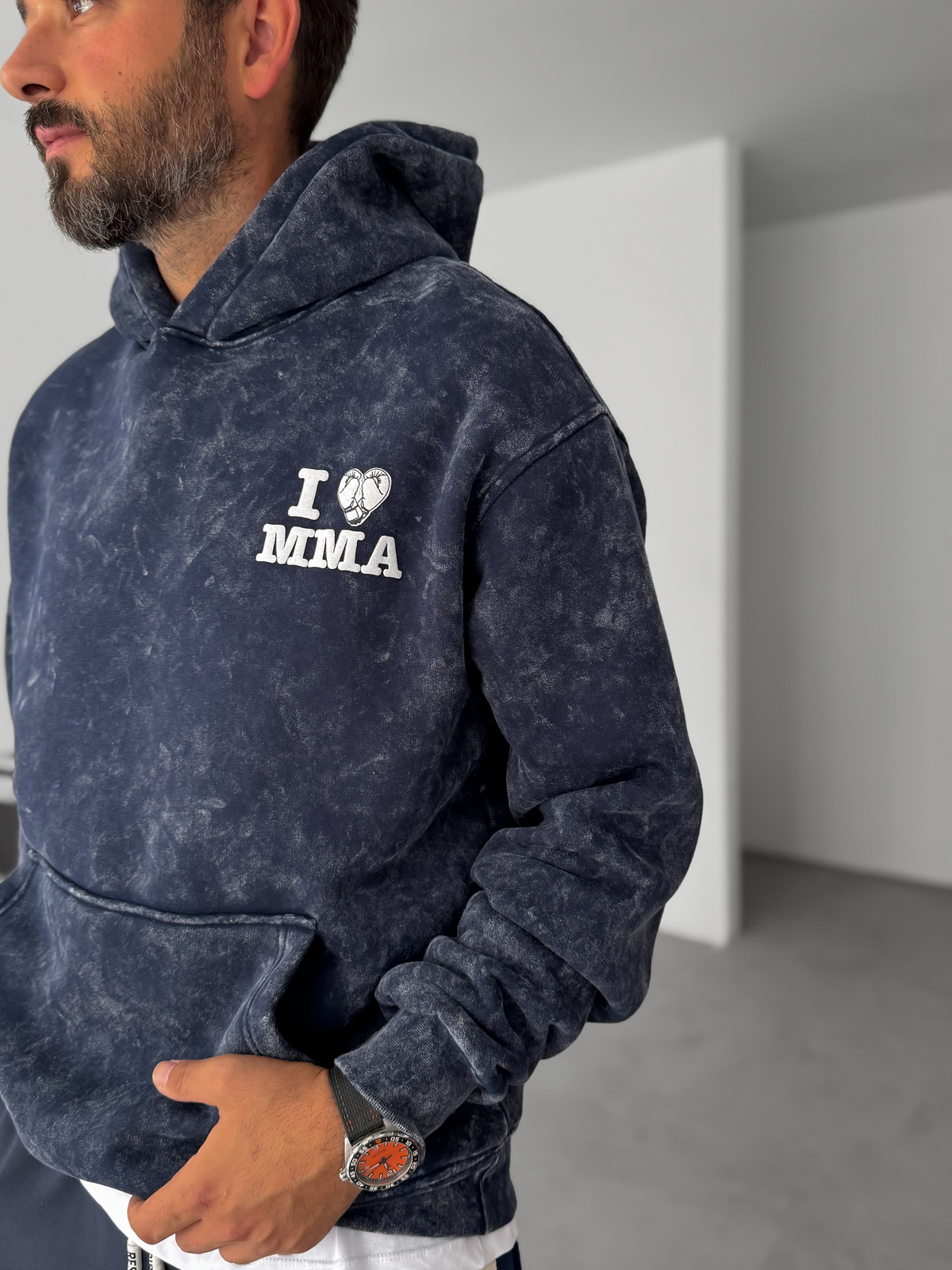 Lacivert MMA Yıkamalı Kapüşonlu Sweatshirt RES-1038