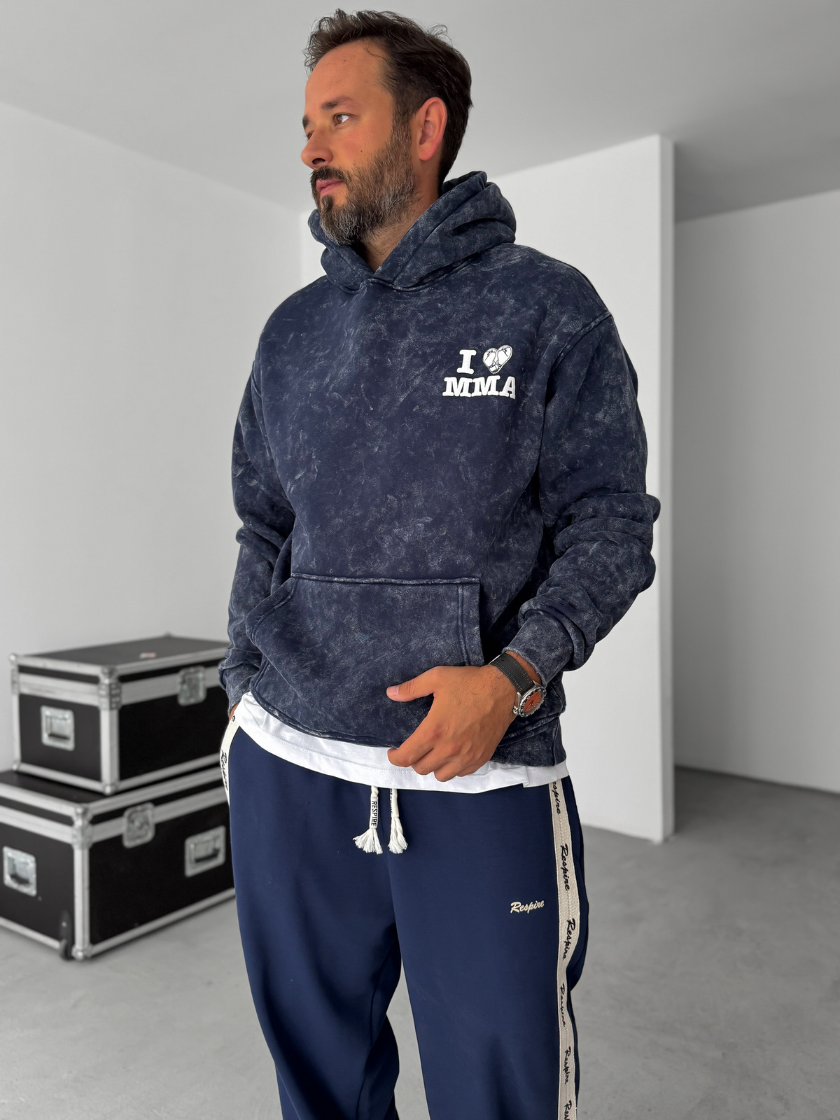 Lacivert MMA Yıkamalı Kapüşonlu Sweatshirt RES-1038